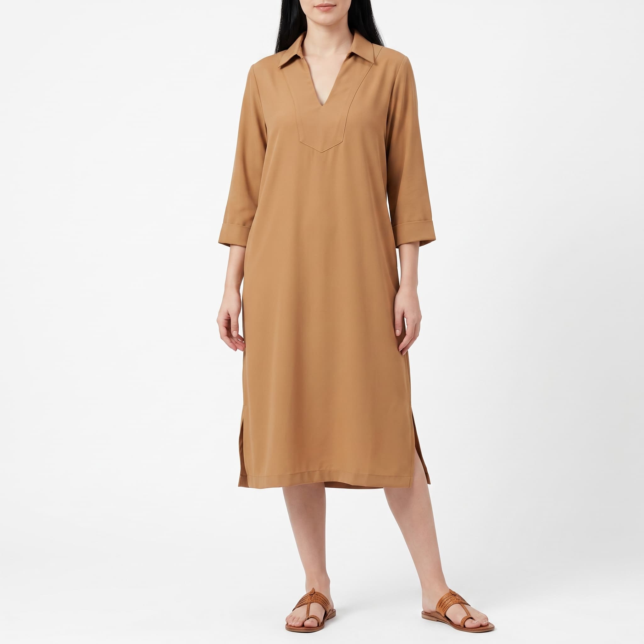 Women's Camel Brown V-Neck Tunic Shift Dress – 3/4 Sleeve Collared Relaxed Fit Midi Dress