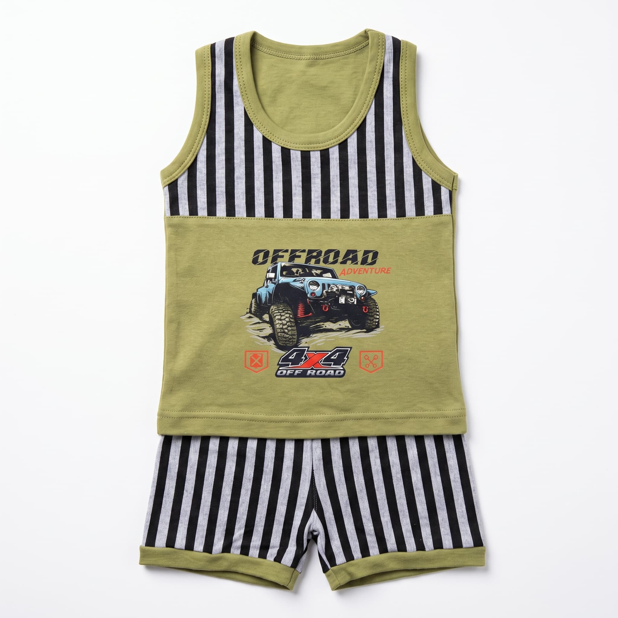 Boys Offroad Adventure Print Sleeveless Two-Piece Set – Kids Cotton Tank Top & Striped Shorts