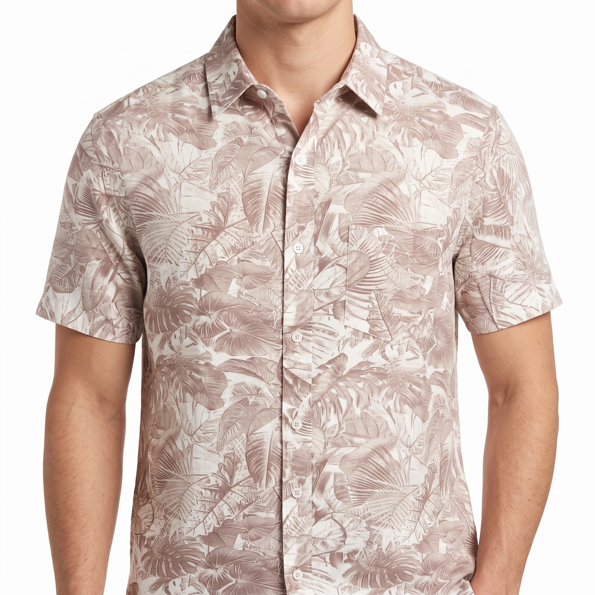 Branded Men's Premium Short Sleeve Linen Tropical Leaf Casual Button-Down Shirt
