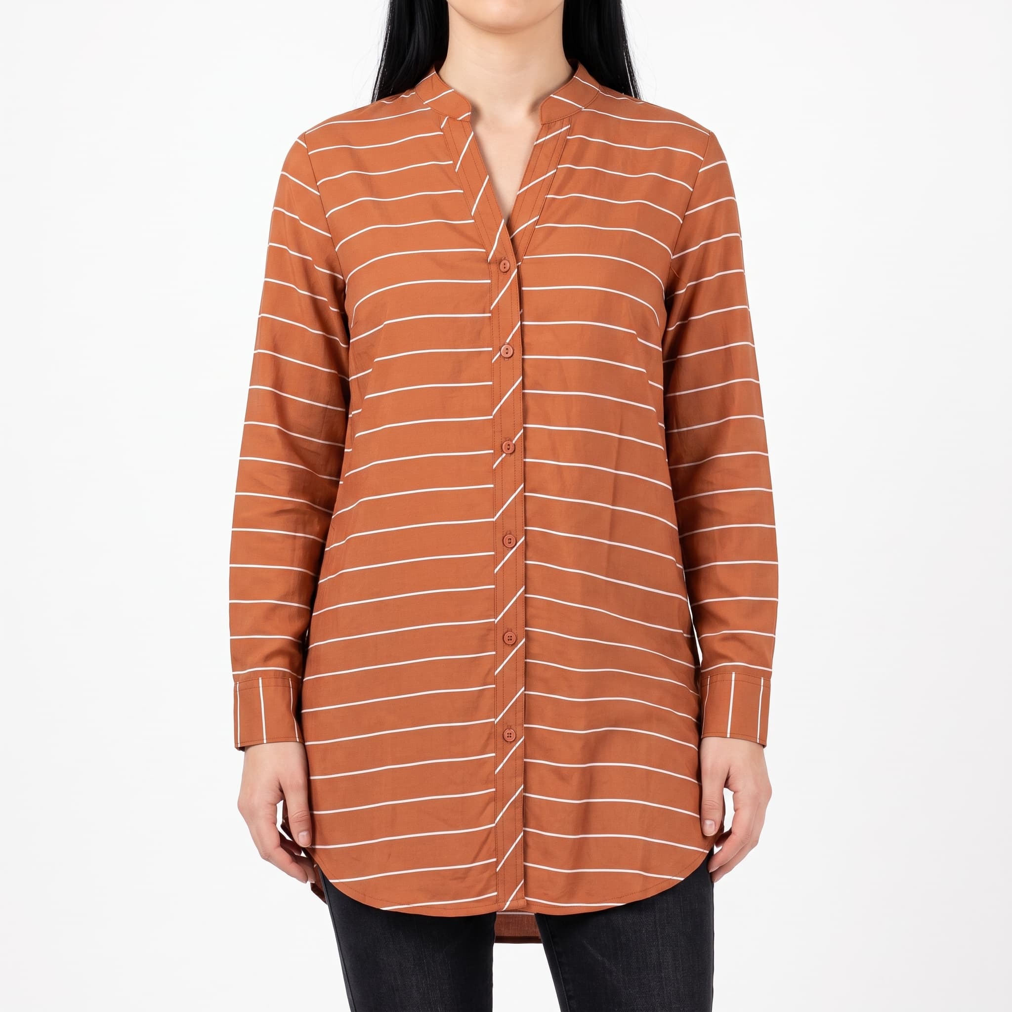 Women's Casual Rust Terracotta Striped Shirt Dress – Midi Length Mandarin Collar Button-Up Tunic