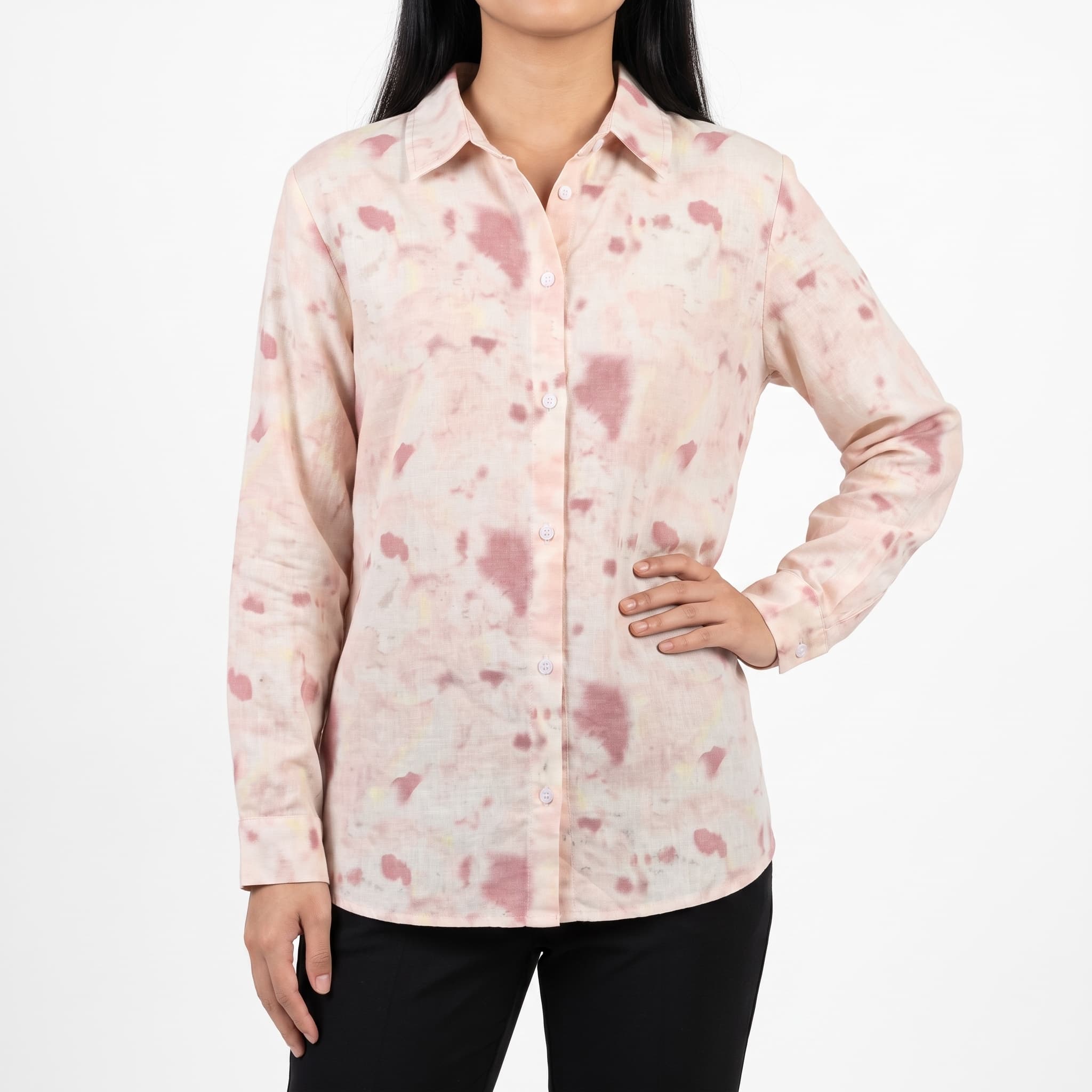 Women's Pastel Pink Tie-Dye Button-Down Shirt – Long Sleeve Casual Linen-Look Blouse