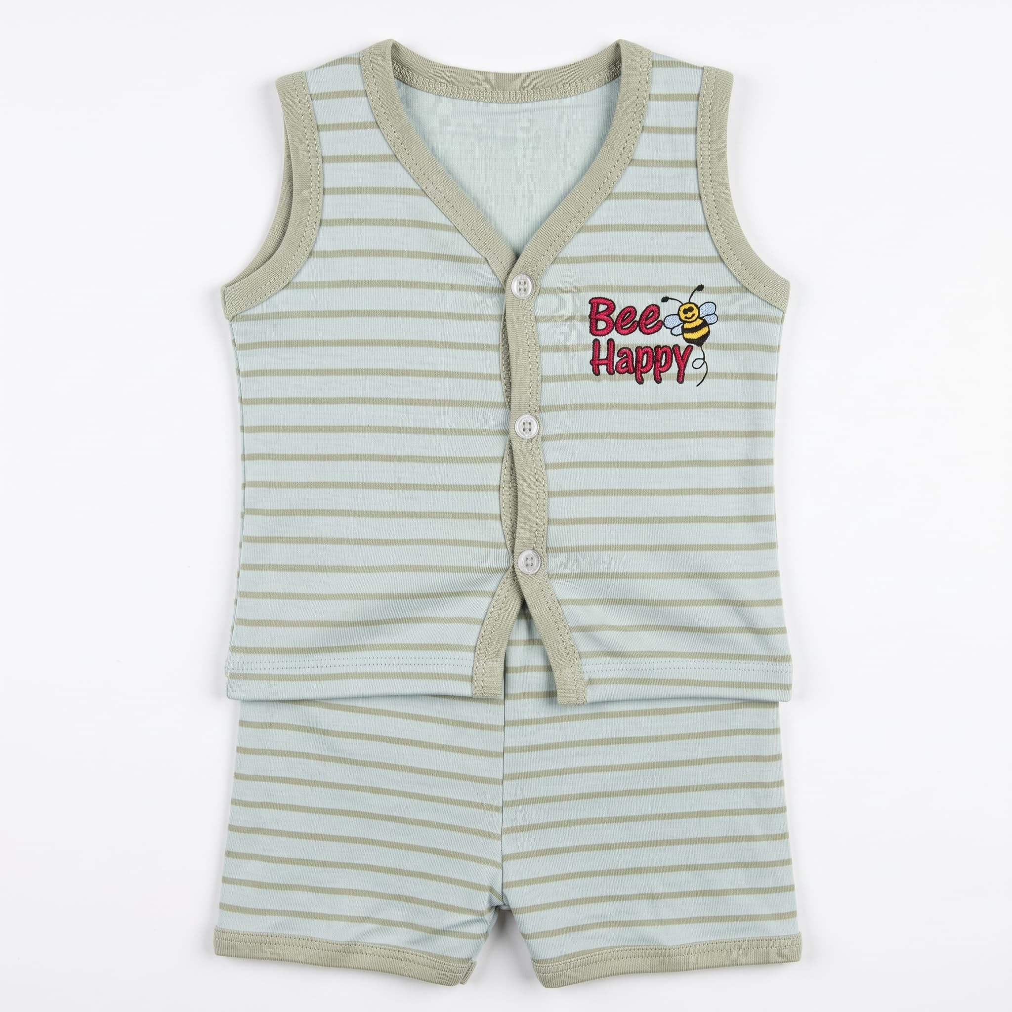 Baby's Sage Green & White Striped Vest Set – "Bee Happy" Cotton Sleeveless Two-Piece Summer Suit