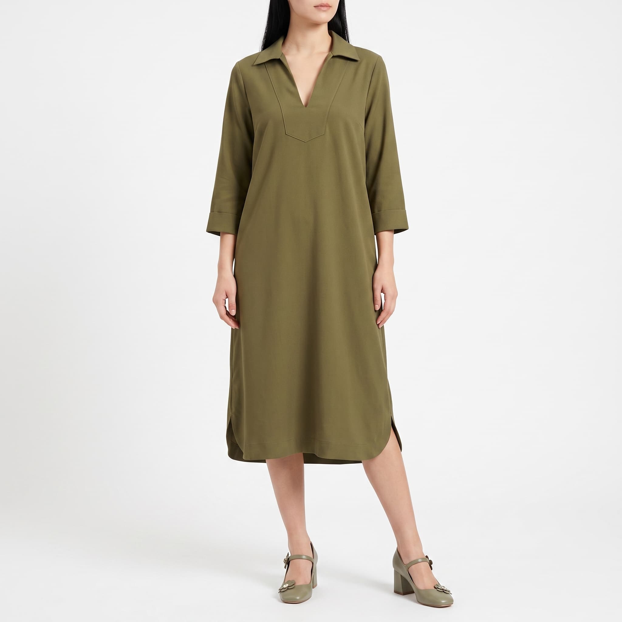 Women's Olive Green V-Neck Tunic Shift Dress – 3/4 Sleeve Collared Relaxed Fit Midi Dress