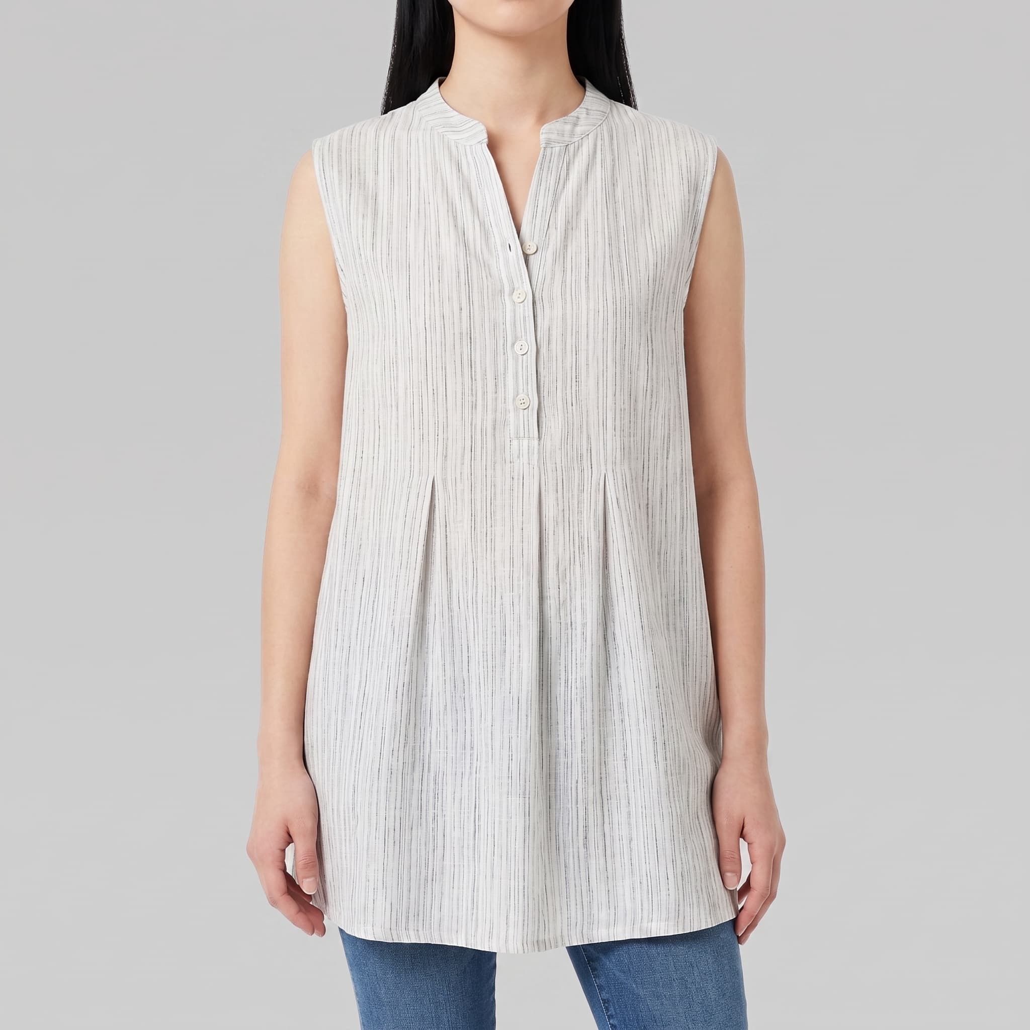 Women's Sleeveless Vertical Stripe Tunic Dress – Lightweight Linen-Blend Pleated Shift Top