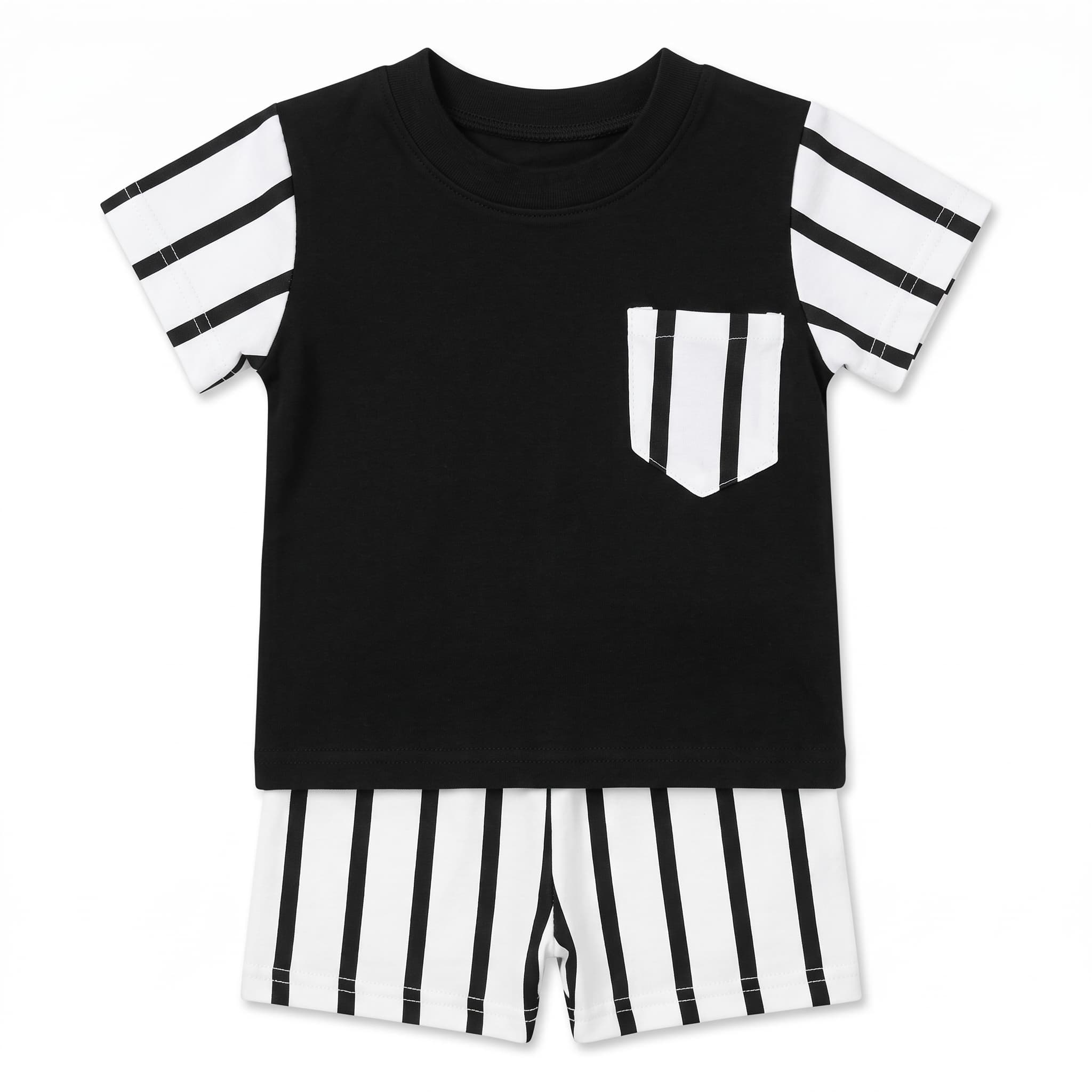 Baby Boy's Black & White Striped Vest Set – Short Sleeve Cotton Two-Piece Infant Summer Outfit