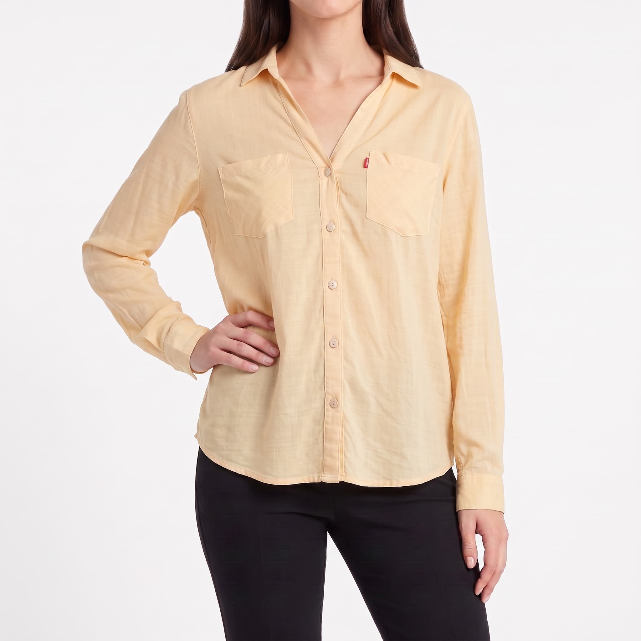 Women's Solid Pastel Peach Shirt – Lightweight Long Sleeve Double Pocket Blouse