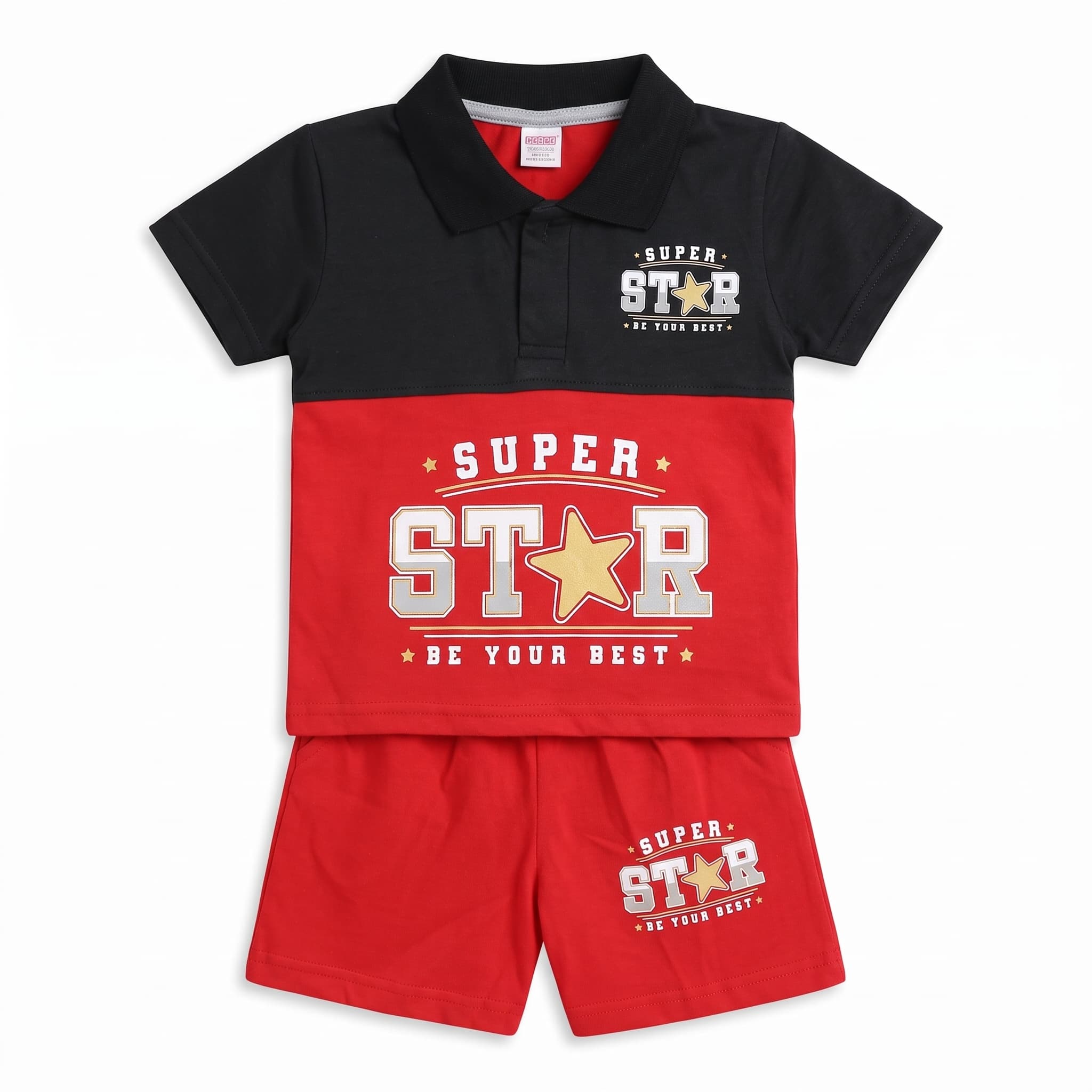 Baby Boy's Red & Black "SUPER STAR" Polo Vest Set – Short Sleeve Cotton Two-Piece Infant Summer Outfit