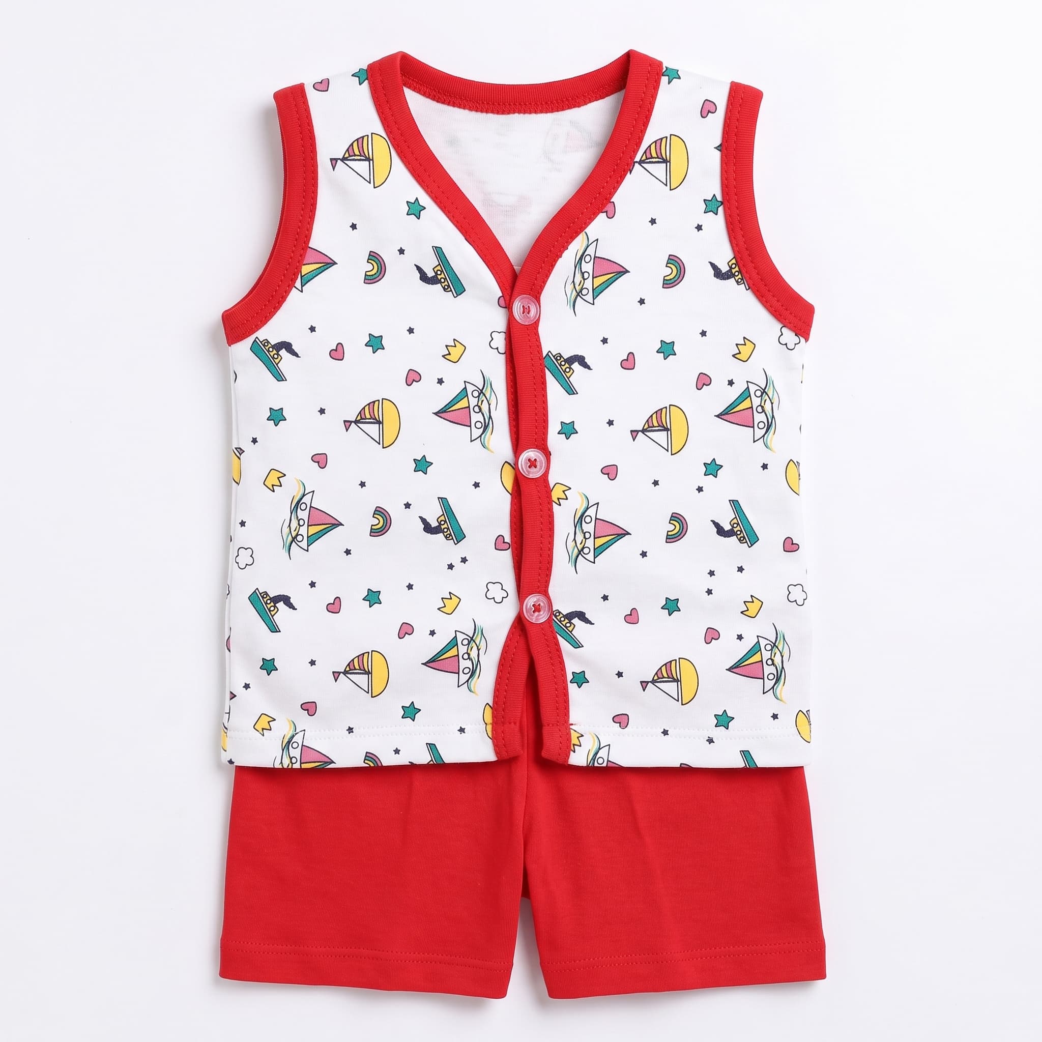 Baby Boy's Red & White Sailboat Print Vest Set – Sleeveless Cotton Two-Piece Infant Summer Outfit