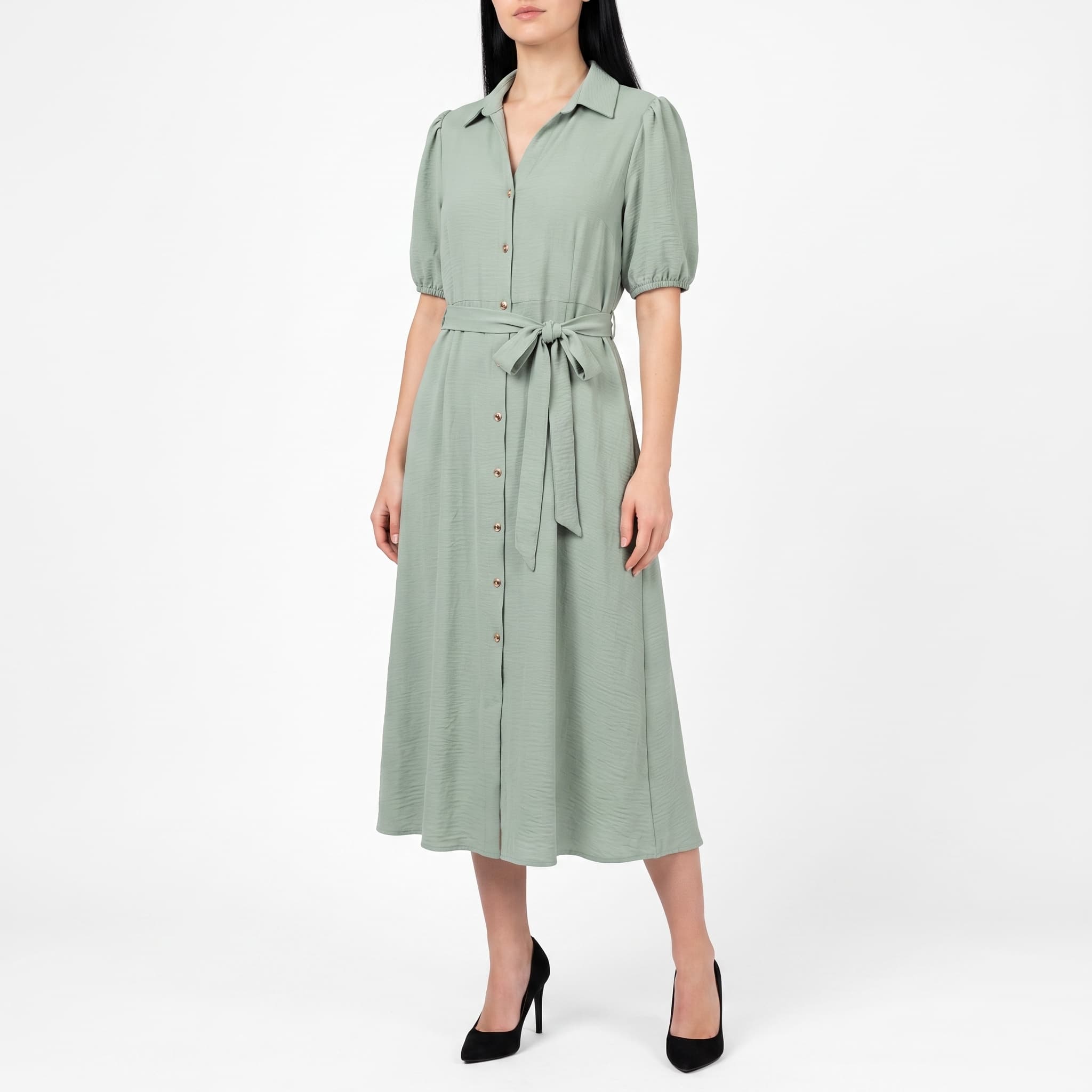 Women's Sage Green Button-Down Midi Dress – Short Sleeve Collared Shirt Dress with Tie Waist Belt