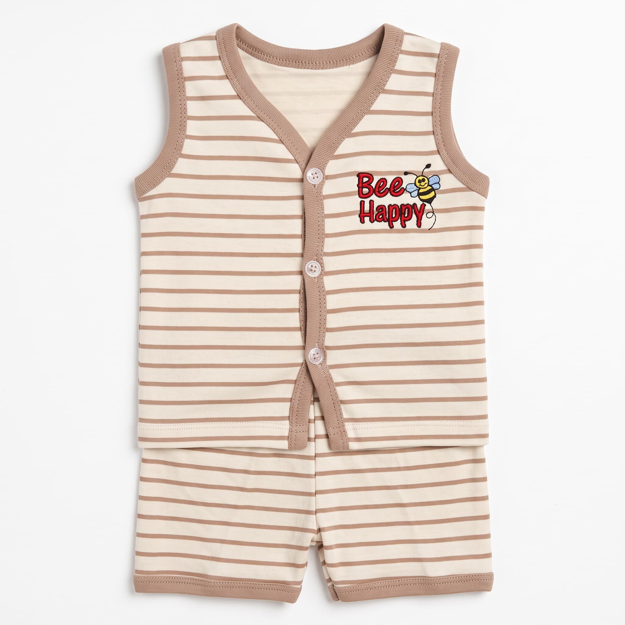 Baby's Brown & White Striped Vest Set – "Bee Happy" Cotton Sleeveless Two-Piece Summer Suit