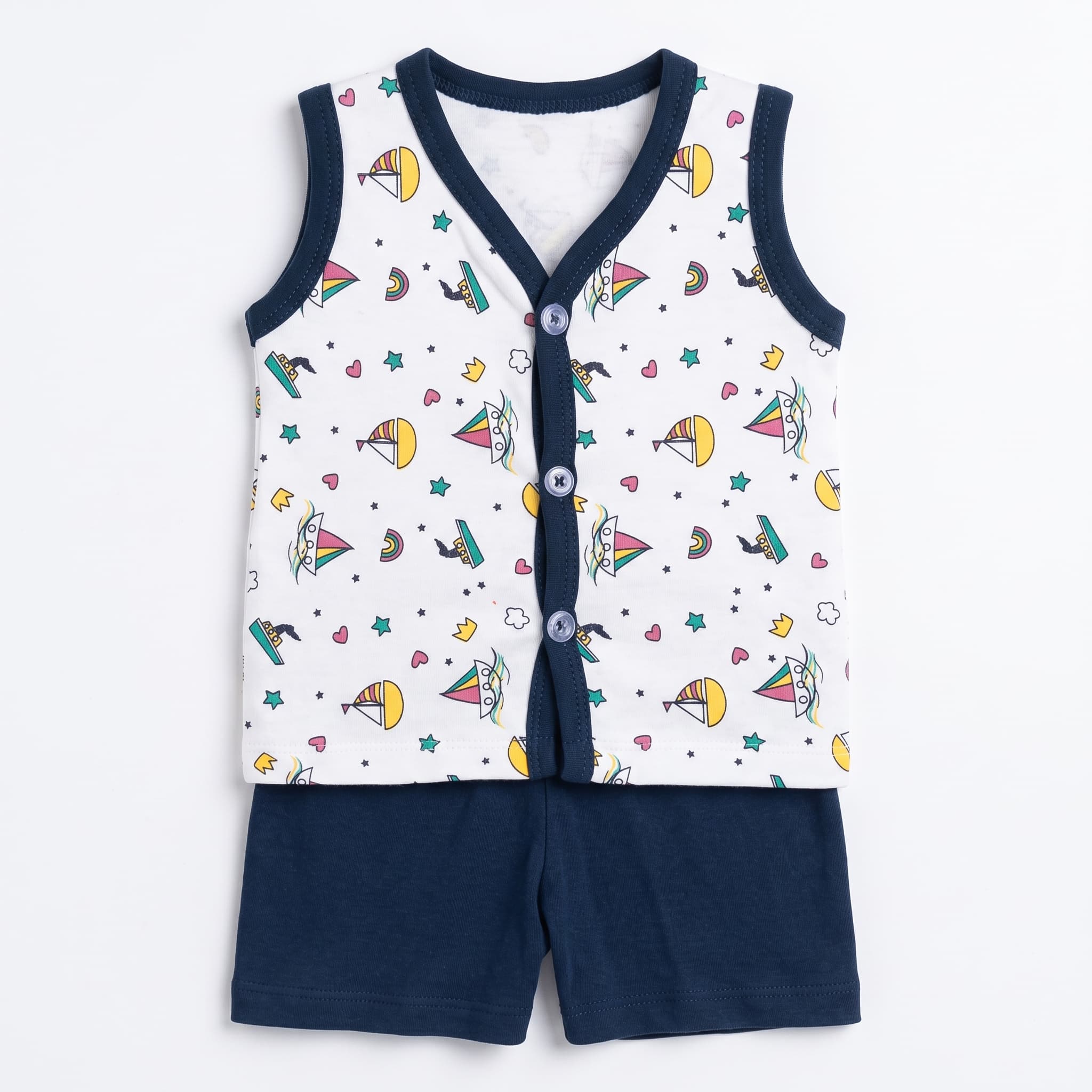 Baby Boy's Navy Blue & White Sailboat Print Vest Set – Sleeveless Cotton Two-Piece Infant Summer Outfit
