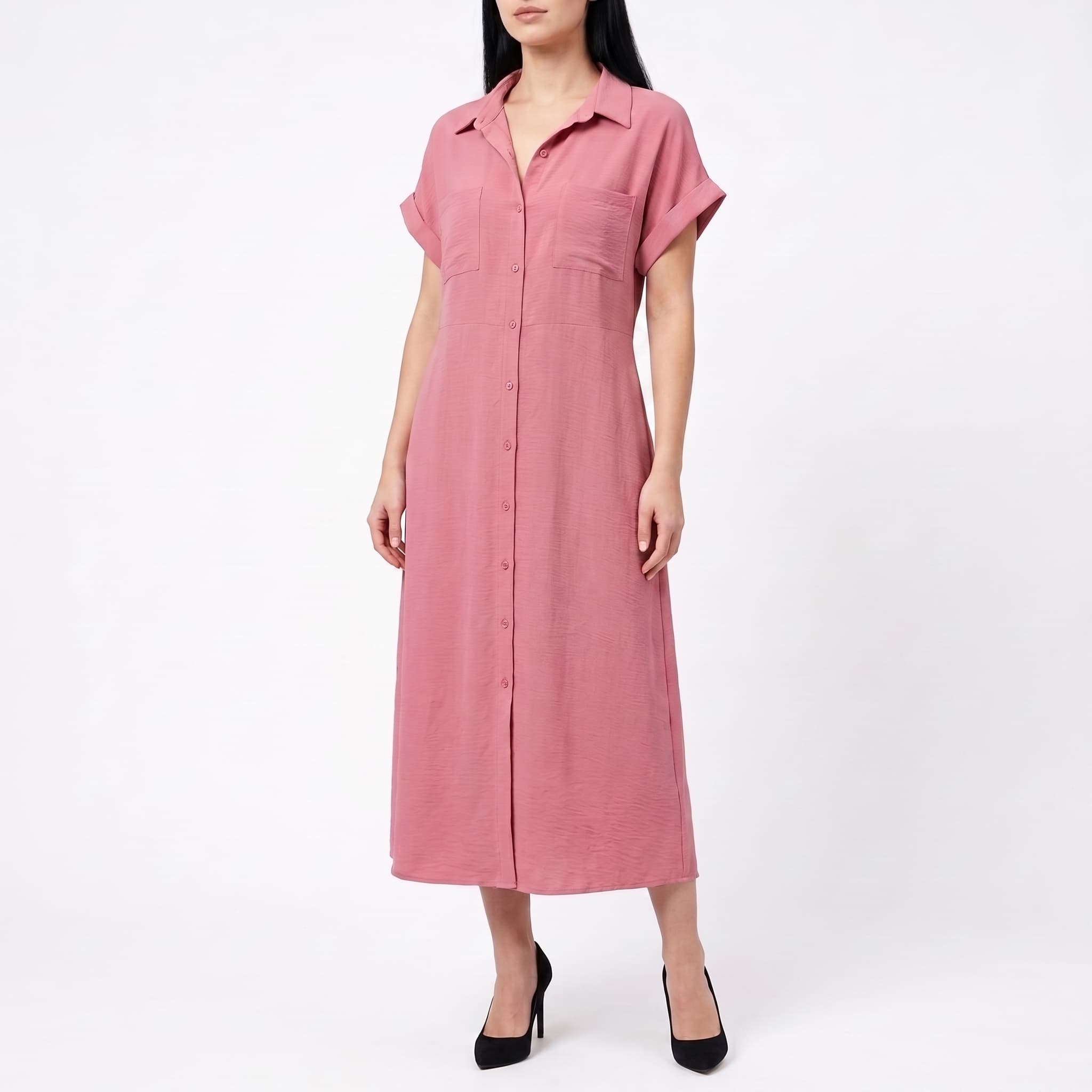 Women's Casual Rose Pink Midi Shirt Dress – Short Roll-Sleeve Full Button-Down Utility Dress with Pockets