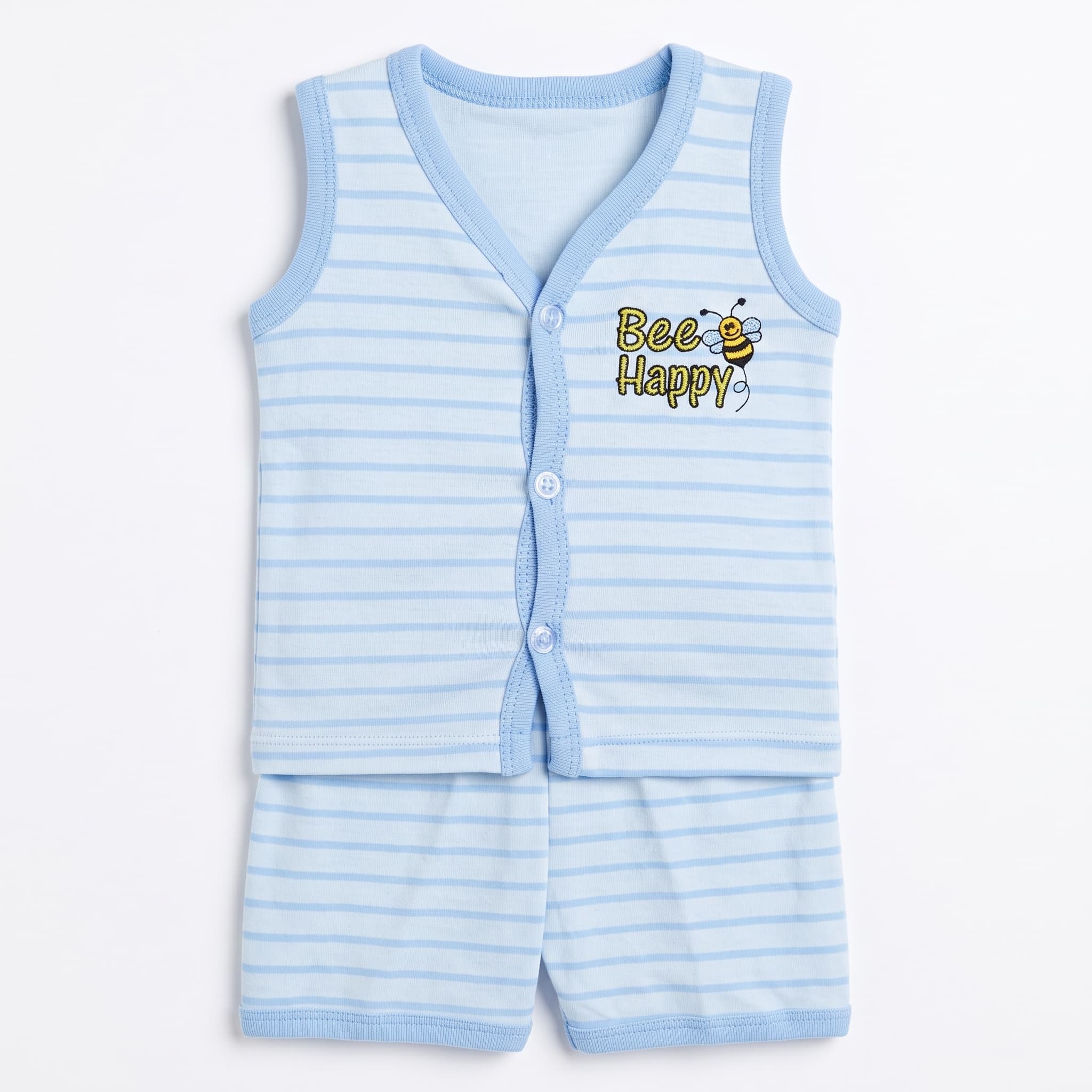 Baby's Light Blue & White Striped Vest Set – "Bee Happy" Cotton Sleeveless Two-Piece Summer Suit
