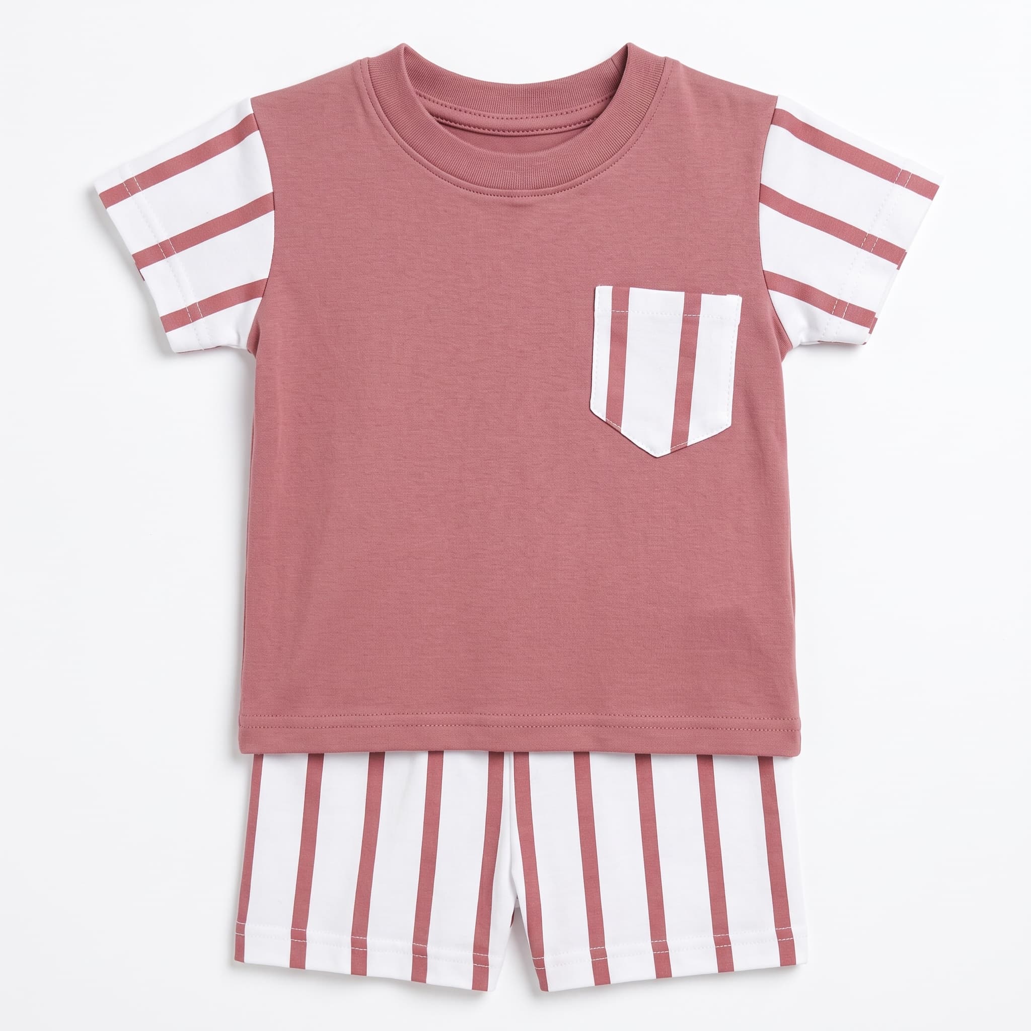 Baby Boy's Maroon & White Striped T-Shirt & Shorts Set – Short Sleeve Cotton Summer Outfit