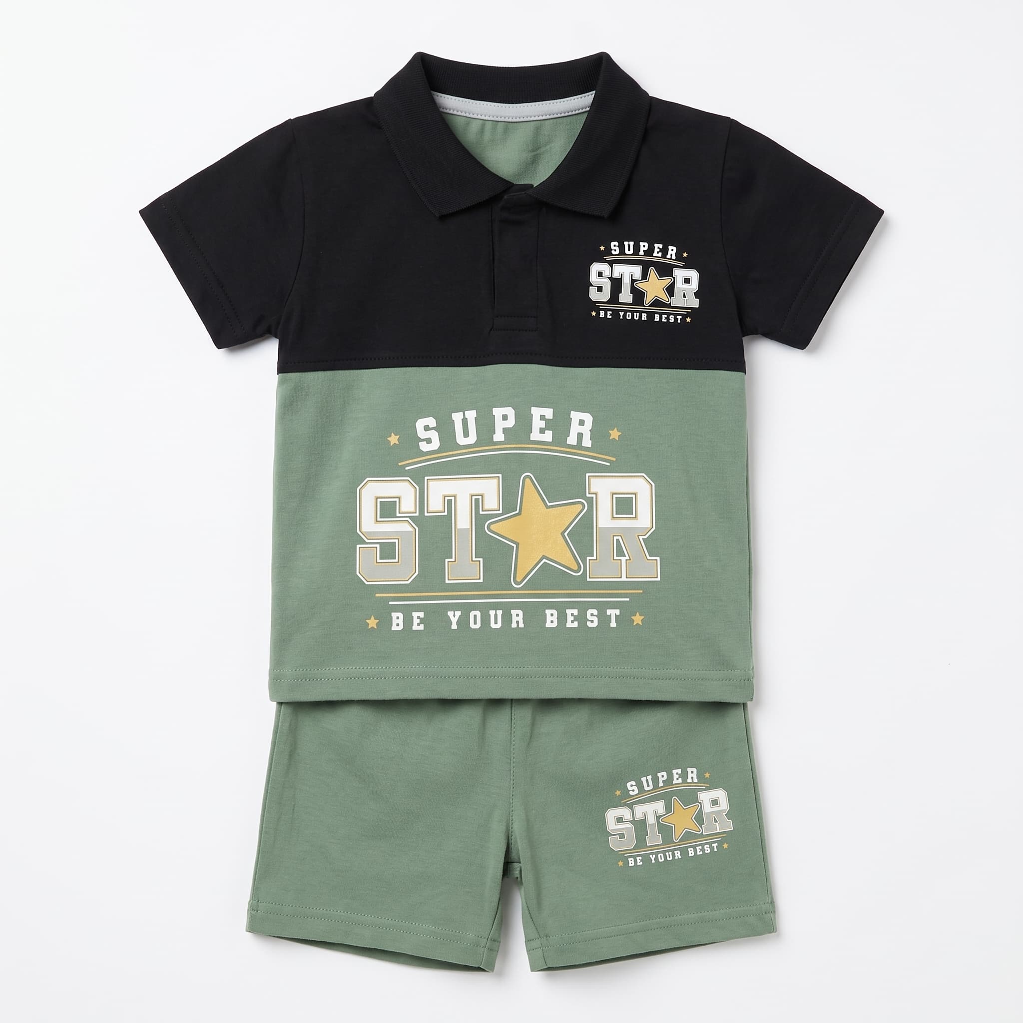 Baby Boy's Green & Black "SUPER STAR" Polo Vest Set – Short Sleeve Cotton Two-Piece Infant Summer Outfit