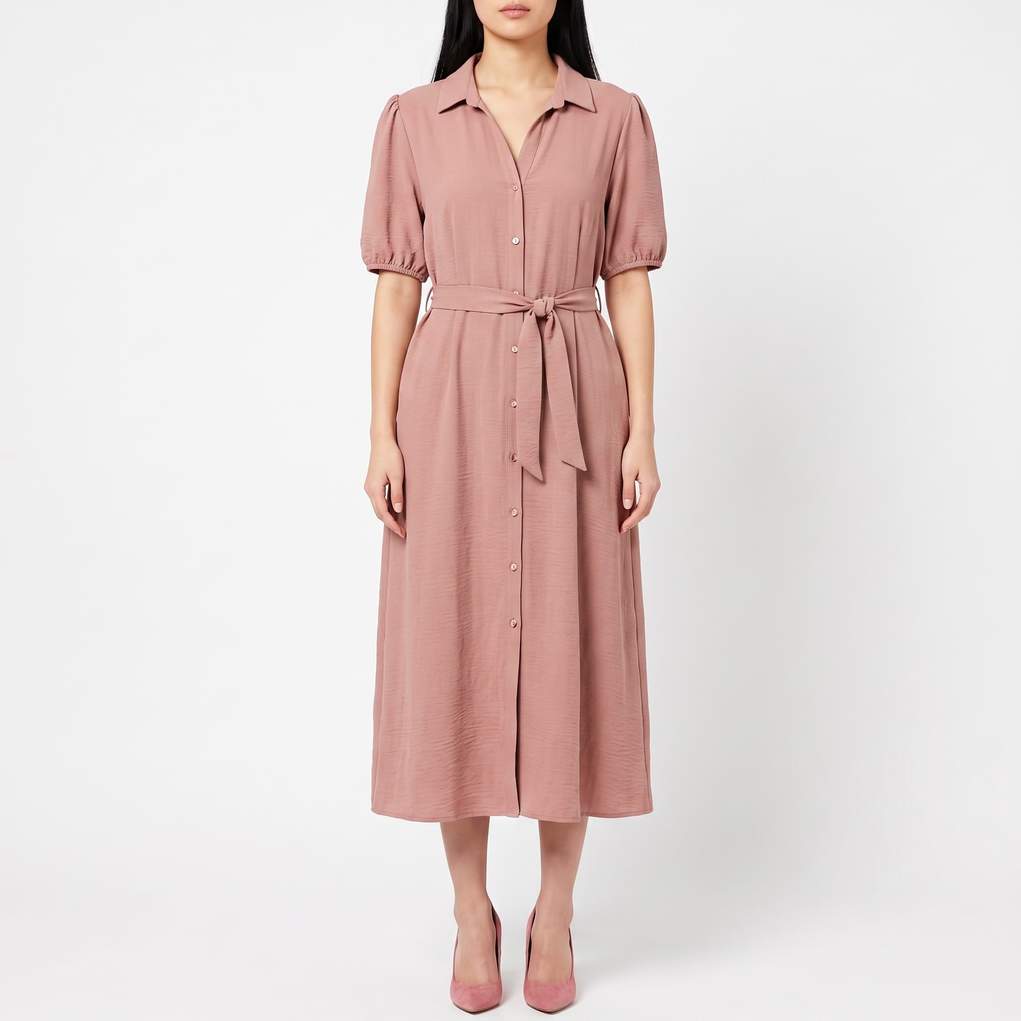 Women's Dusty Pink Button-Down Midi Dress – Short Sleeve Collared Shirt Dress with Tie Waist Belt