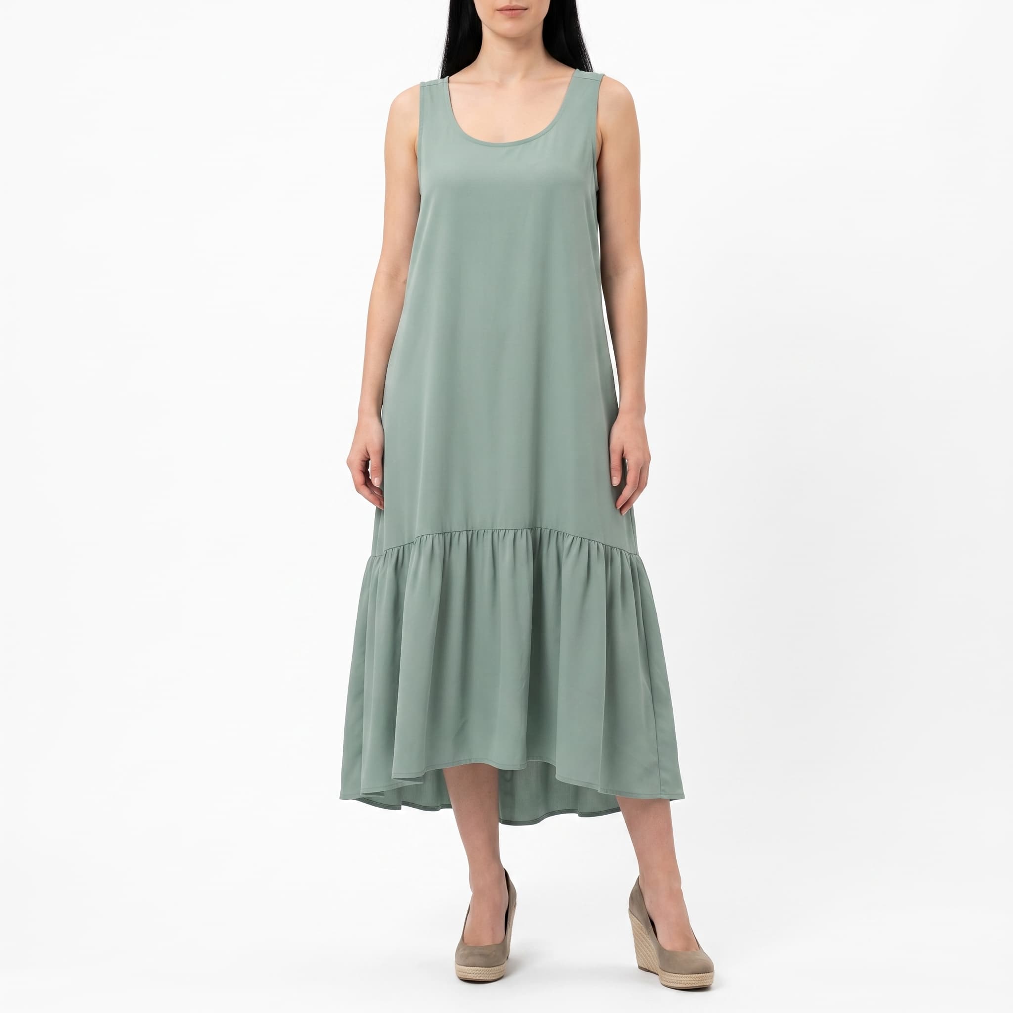 Women's Sage Green Sleeveless Drop-Waist Midi Dress β Ruffle Hem Travel Tank Dress