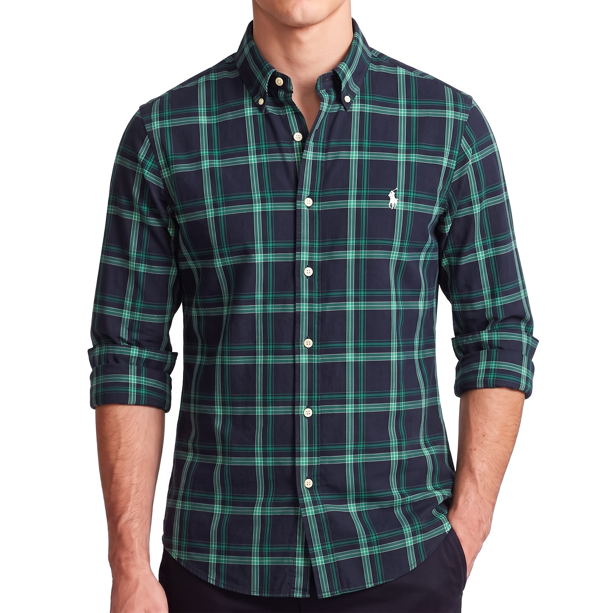 Branded Men's Premium Long Sleeve Plaid Check Button-Down Shirt (SLIM-FIT)