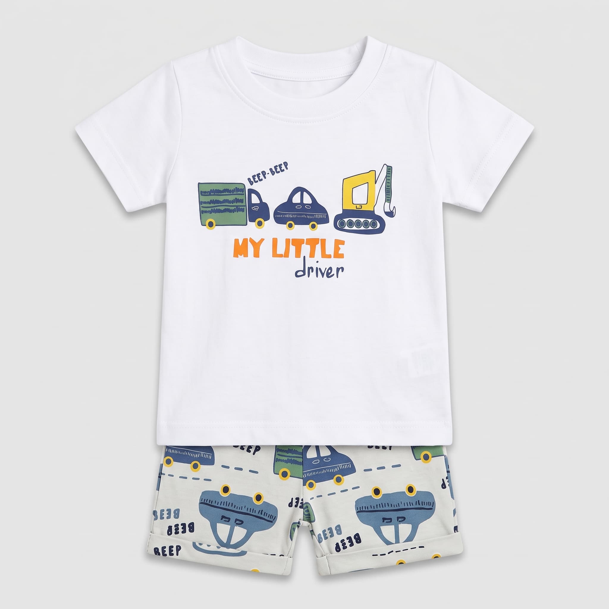 Baby Boy's White & Blue "My Little Driver" T-Shirt & Shorts Set β Cotton Two-Piece Infant Summer Outfit