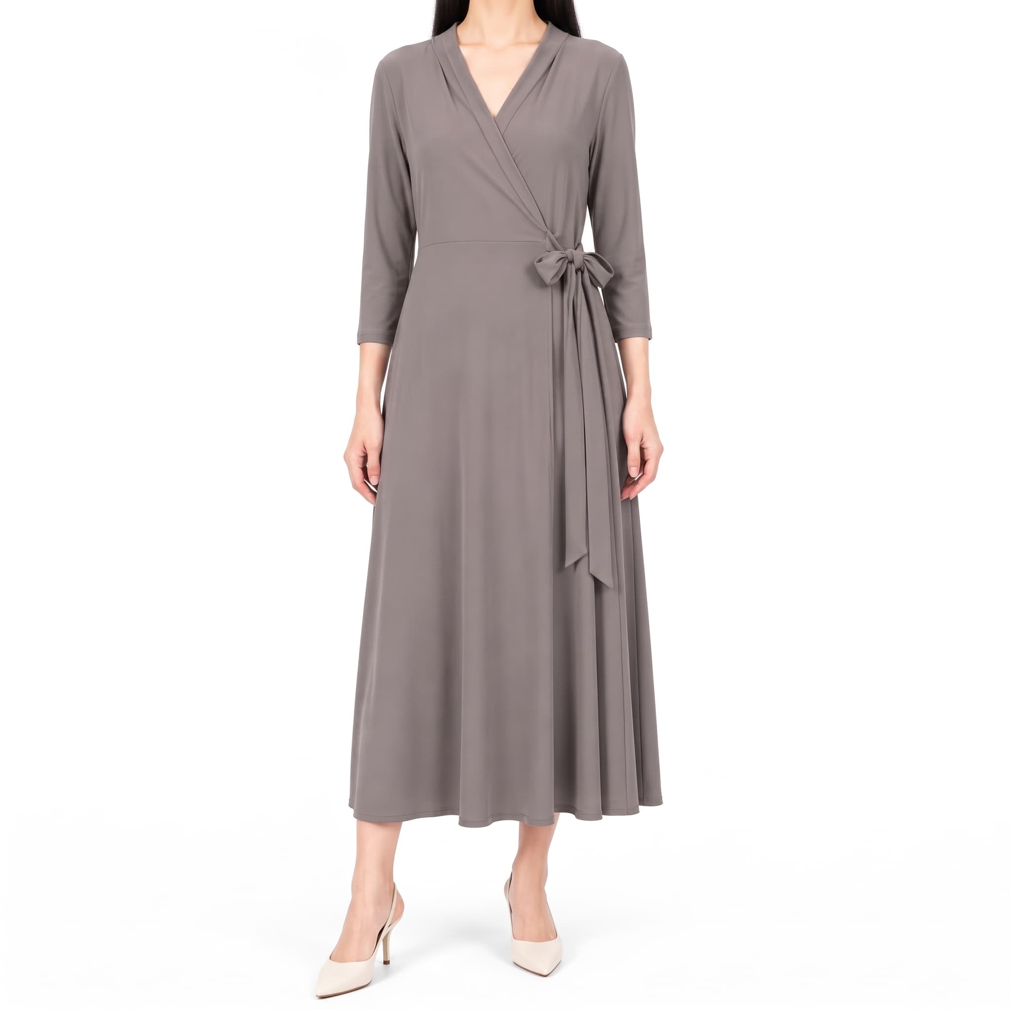 Women's Grey V-Neck Wrap Midi Dress β 3/4 Sleeve Tie-Waist A-Line Fit & Flare Dress