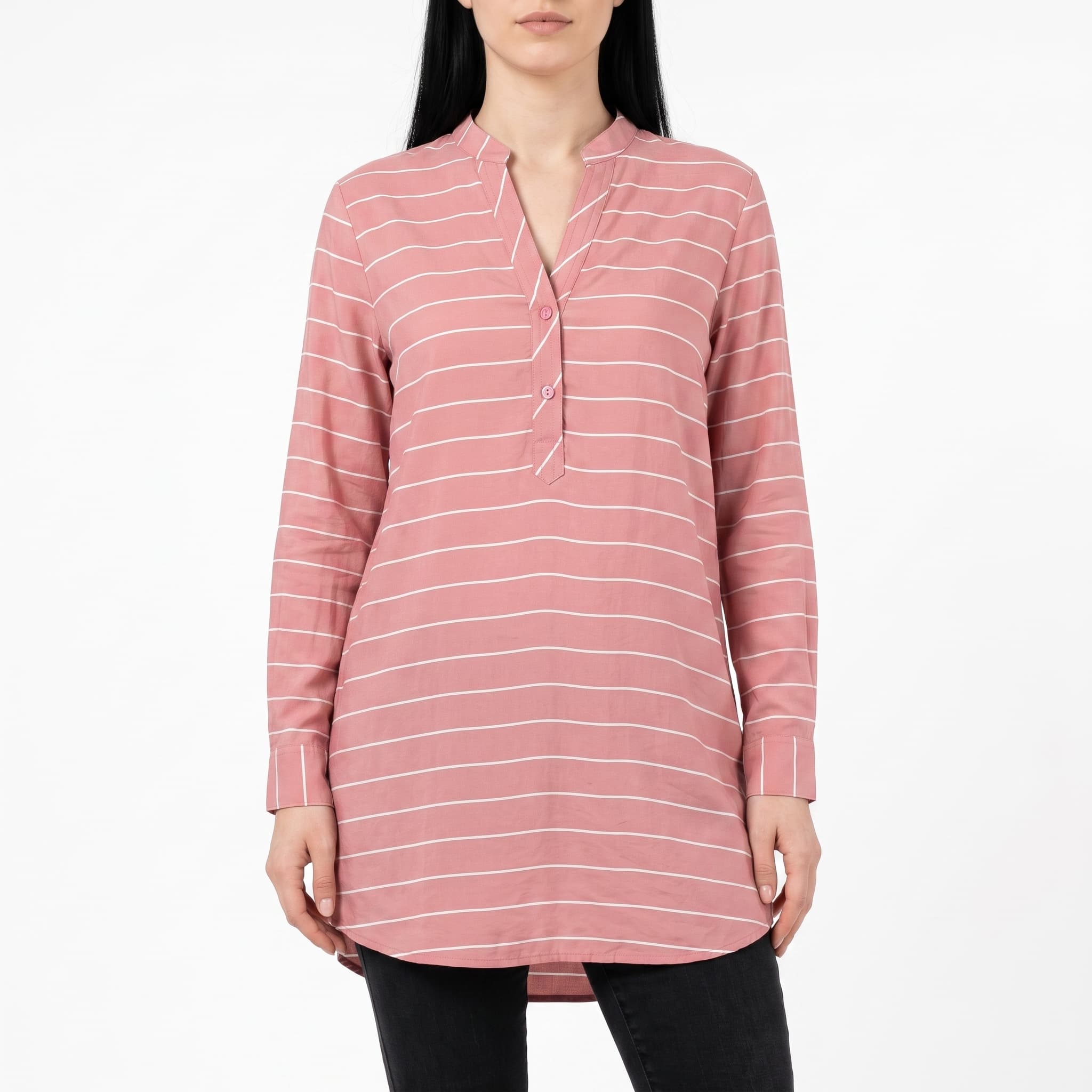 Women's Casual Rose Pink Striped Shirt Dress β Midi Length Mandarin Collar Button-Up Tunic
