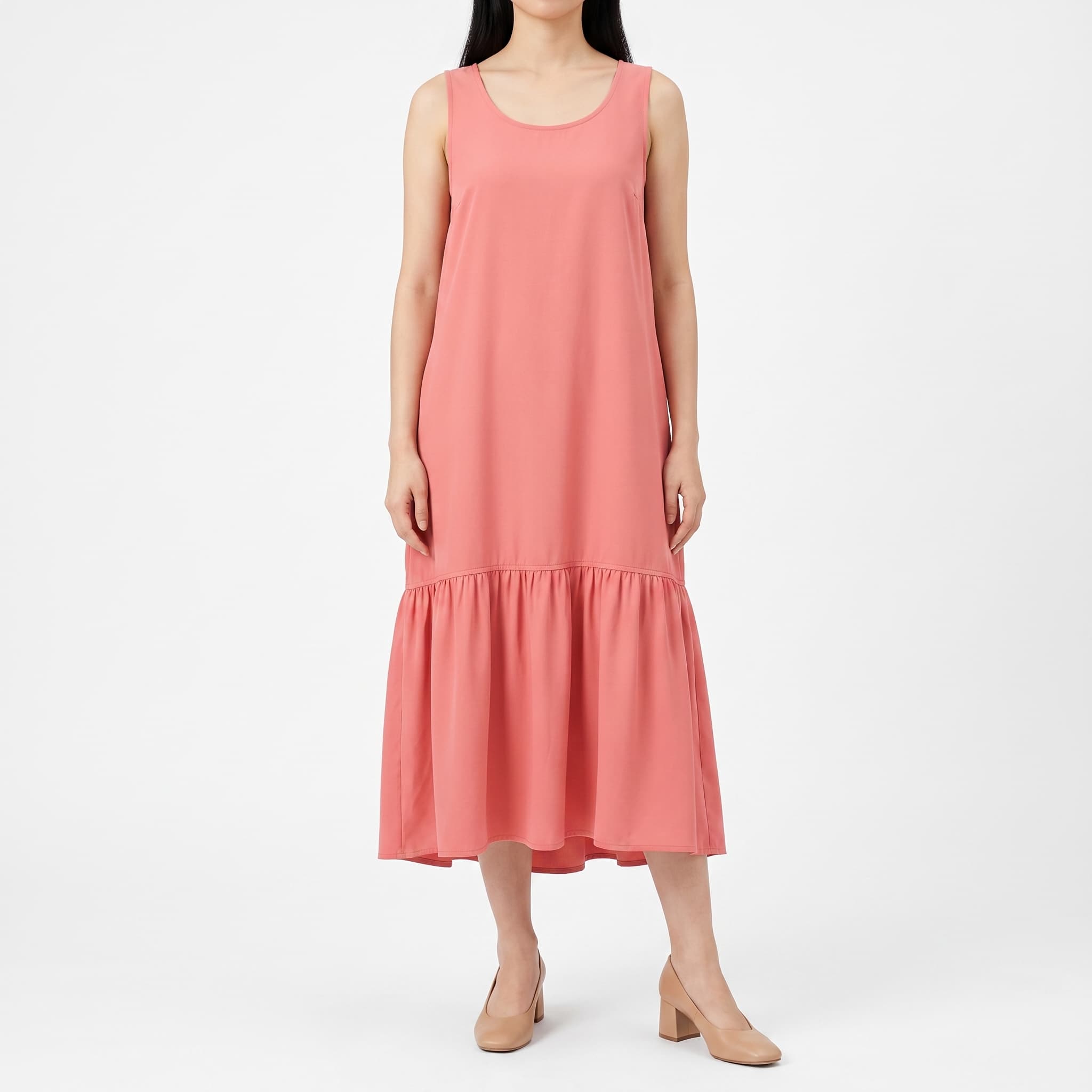 Women's Coral Pink Sleeveless Drop-Waist Midi Dress β Ruffle Hem Round Neck Summer Tank Dress