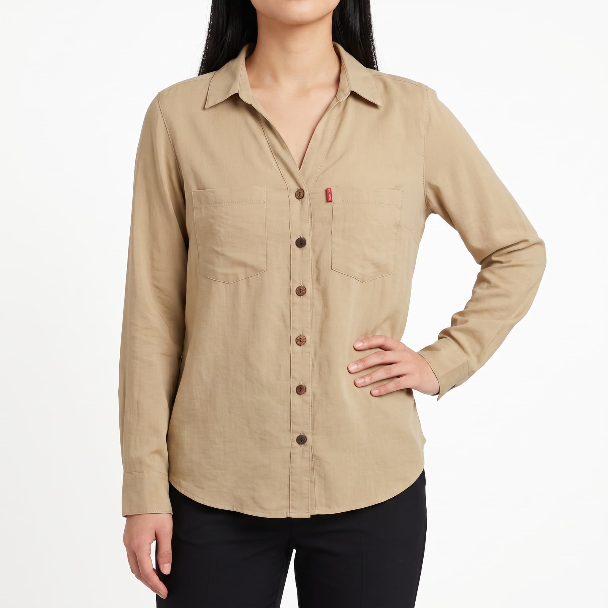 Women's Solid Khaki Beige Utility Shirt β Lightweight Long Sleeve Double Pocket Blouse