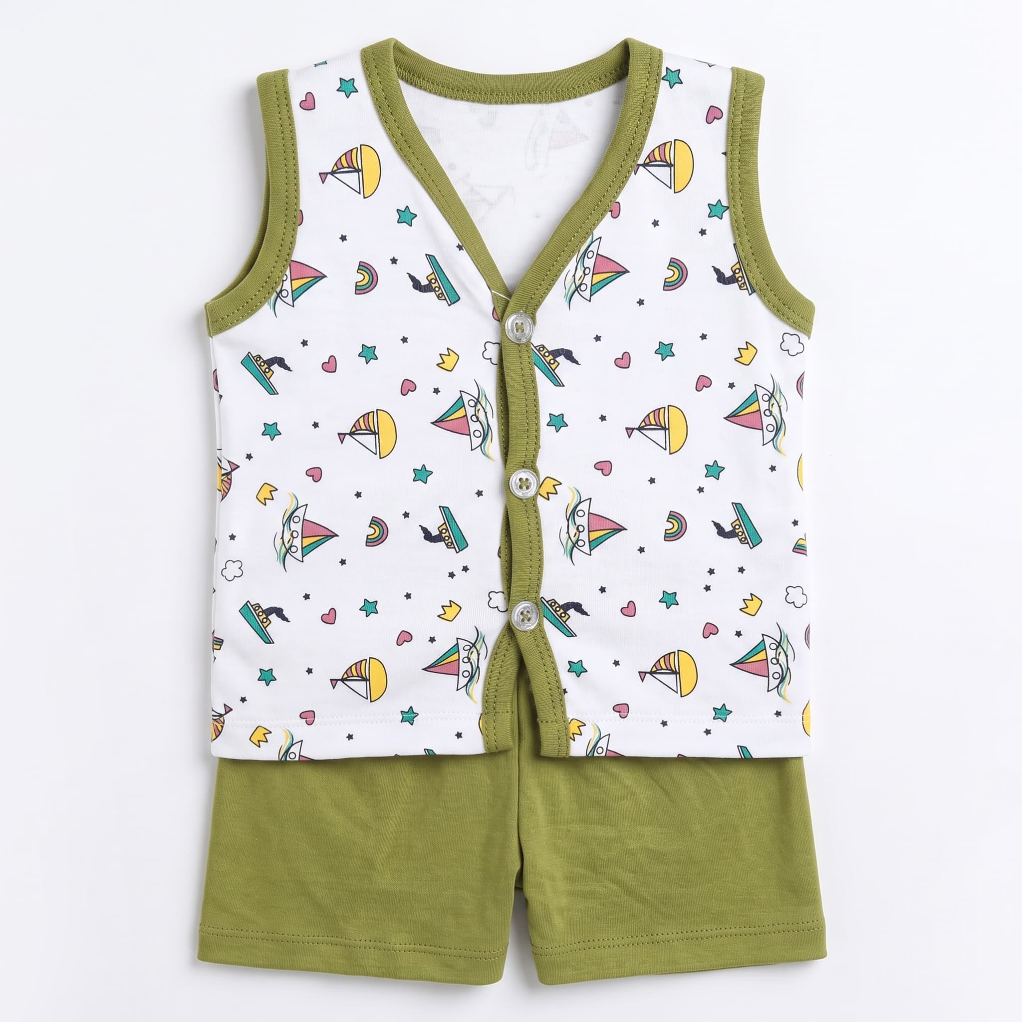 Baby Boy's Olive Green & White Sailboat Print Vest Set β Sleeveless Cotton Two-Piece Infant Summer Outfit