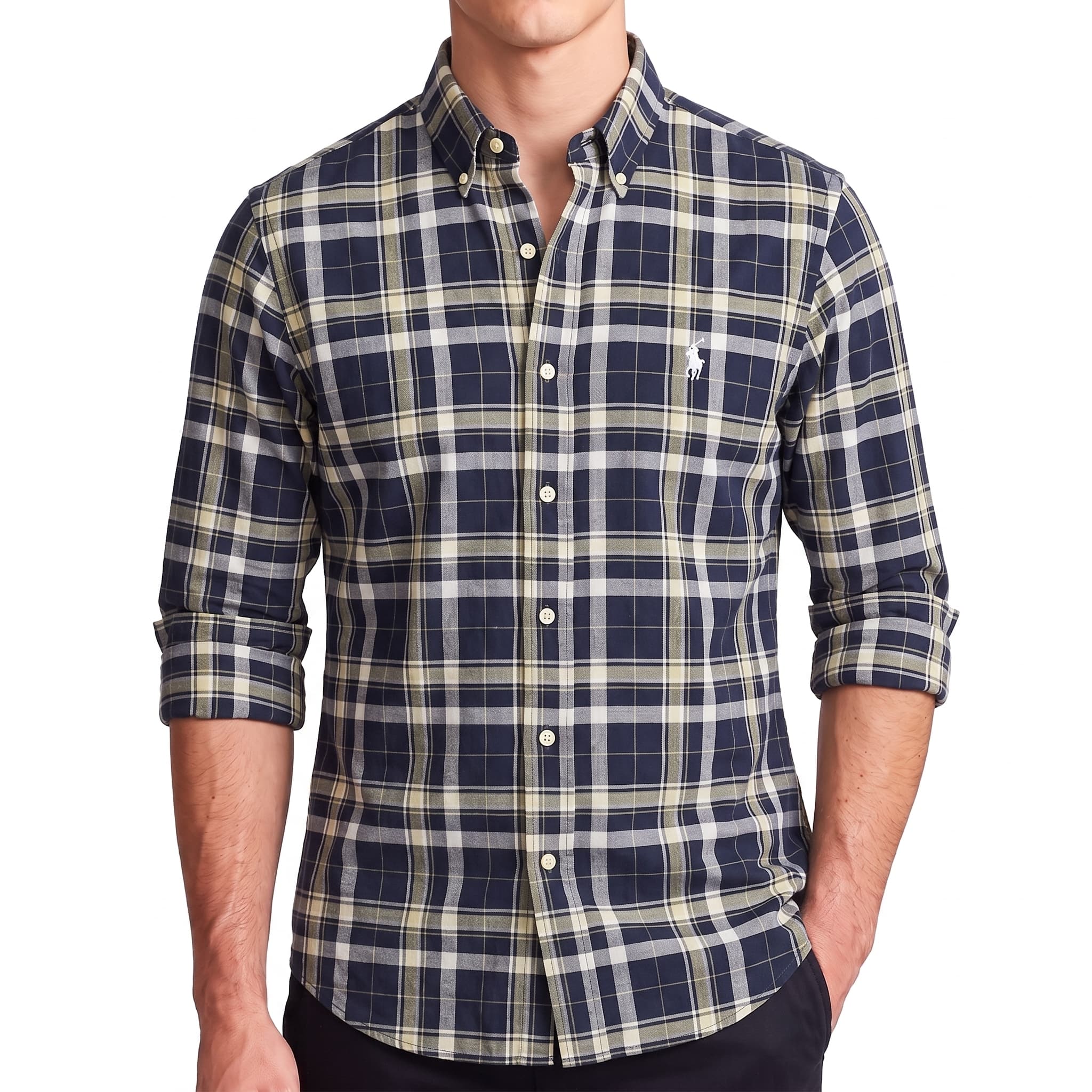 Branded Men's Premium Long Sleeve Plaid Check Button-Down Shirt (SLIM-FIT)