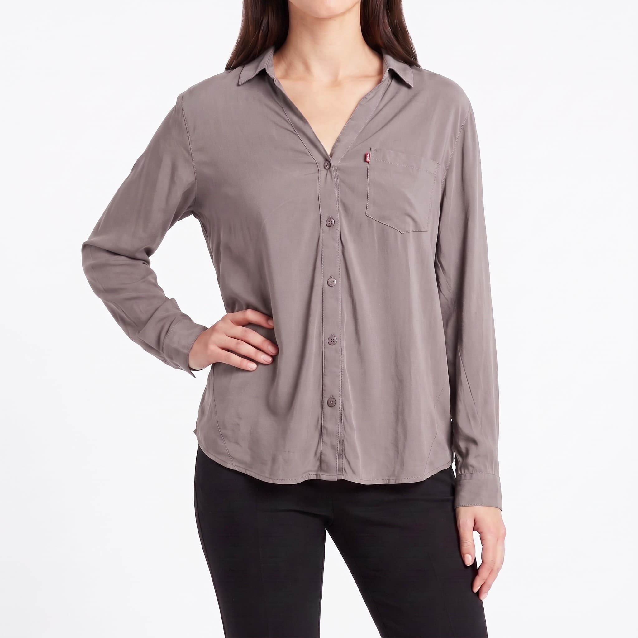 Women's Solid Taupe Gray Shirt β Lightweight Long Sleeve Single Pocket Blouse