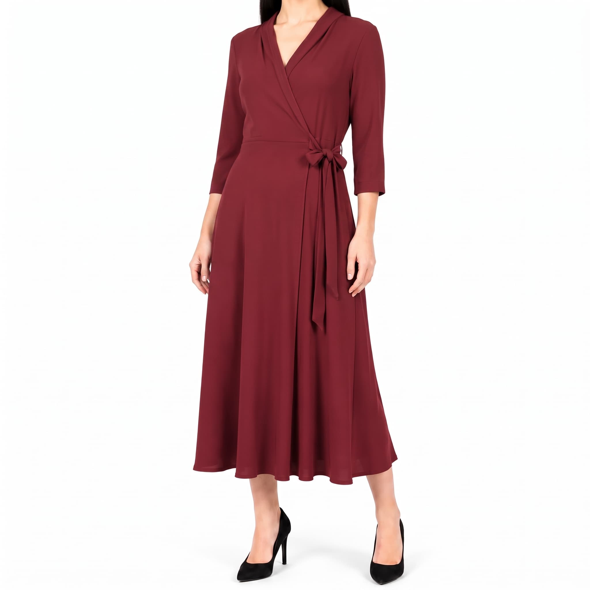 Women's Maroon V-Neck Wrap Midi Dress β 3/4 Sleeve Tie-Waist A-Line Fit & Flare Dress