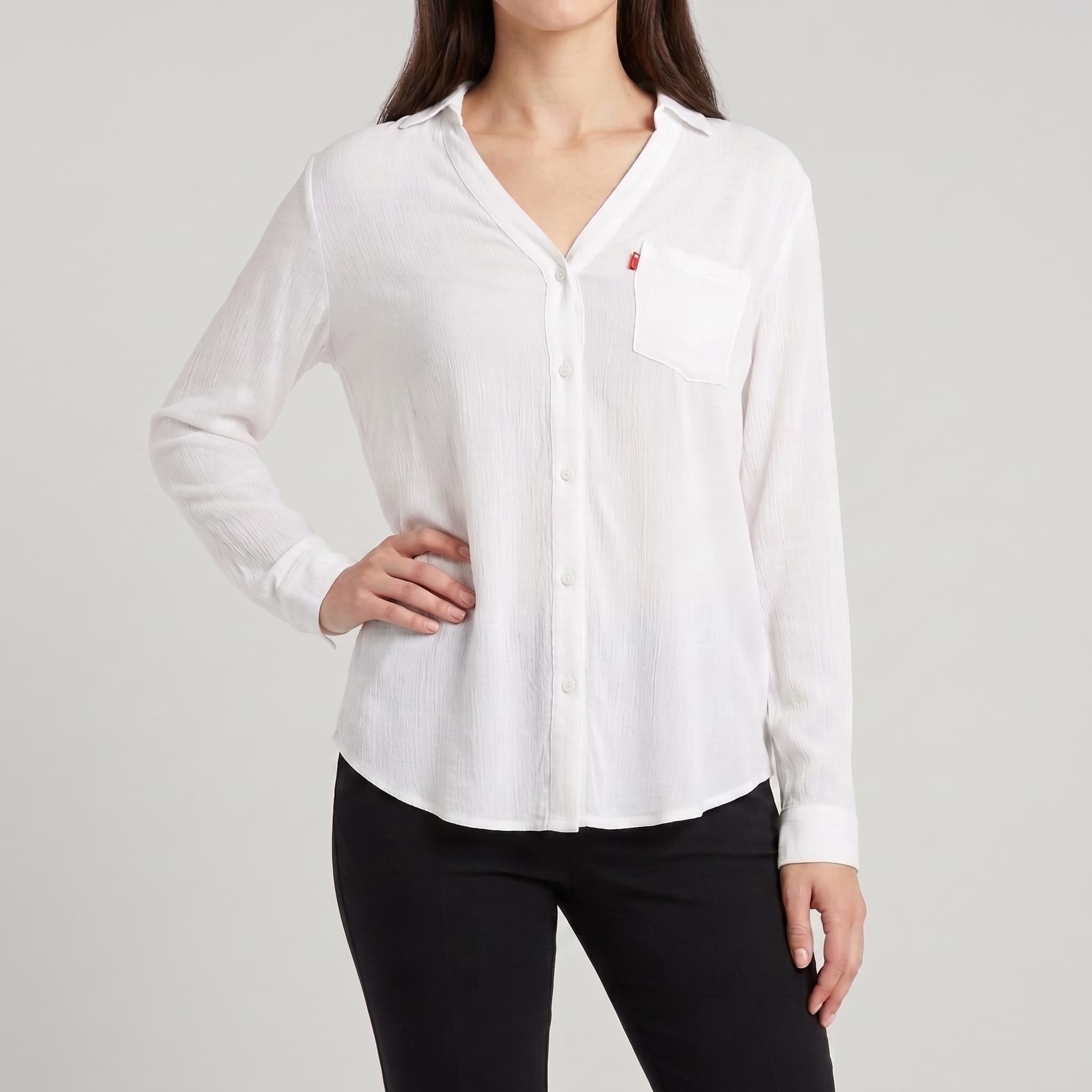 Women's Solid Optic White Popover Shirt β Lightweight Long Sleeve Single Pocket Blouse