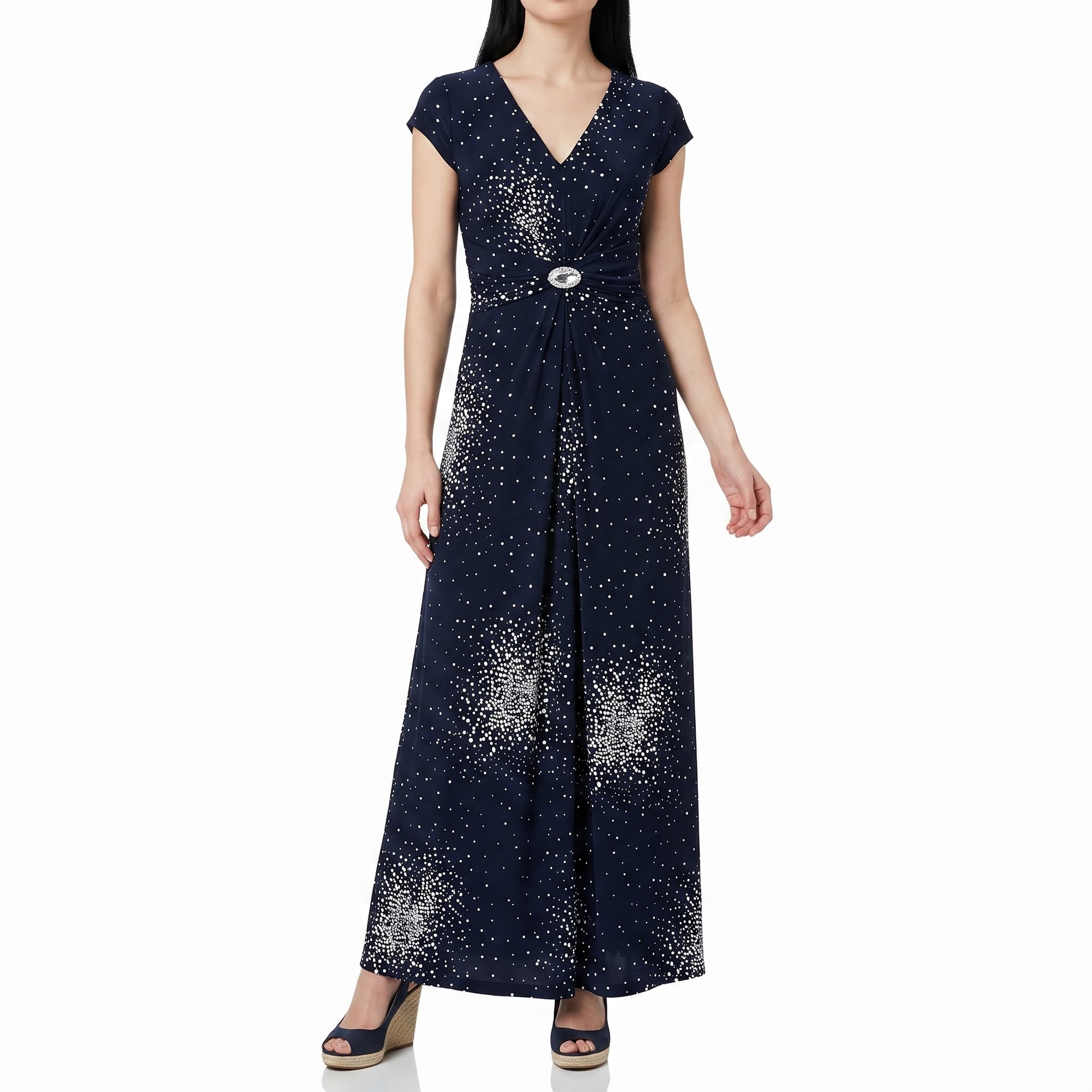 Women's Dark Blue Polka Dot Maxi Dress β Cap Sleeve V-Neck Formal Evening Gown with Rhinestone Waist Detail