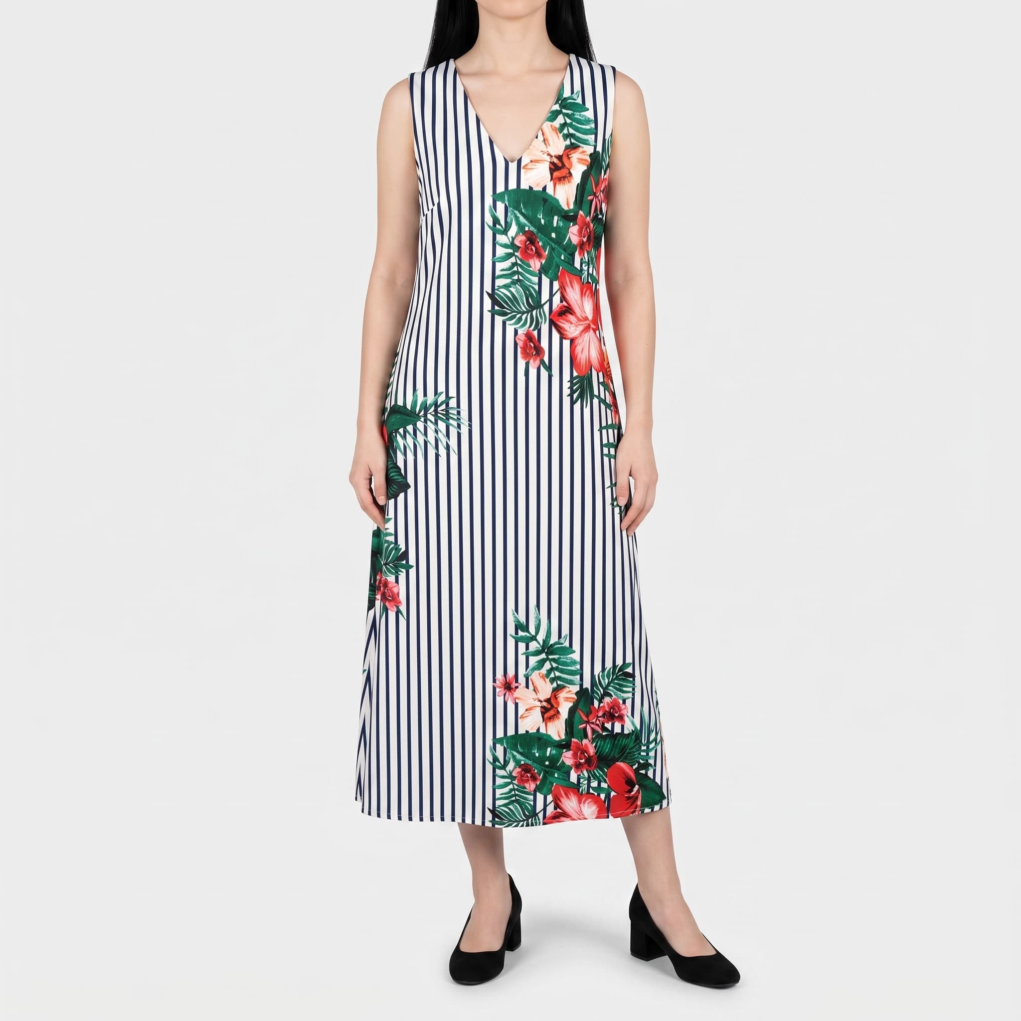 Women's Black & White Striped Floral A-Line Dress β Sleeveless V-Neck Midi Summer Sundress