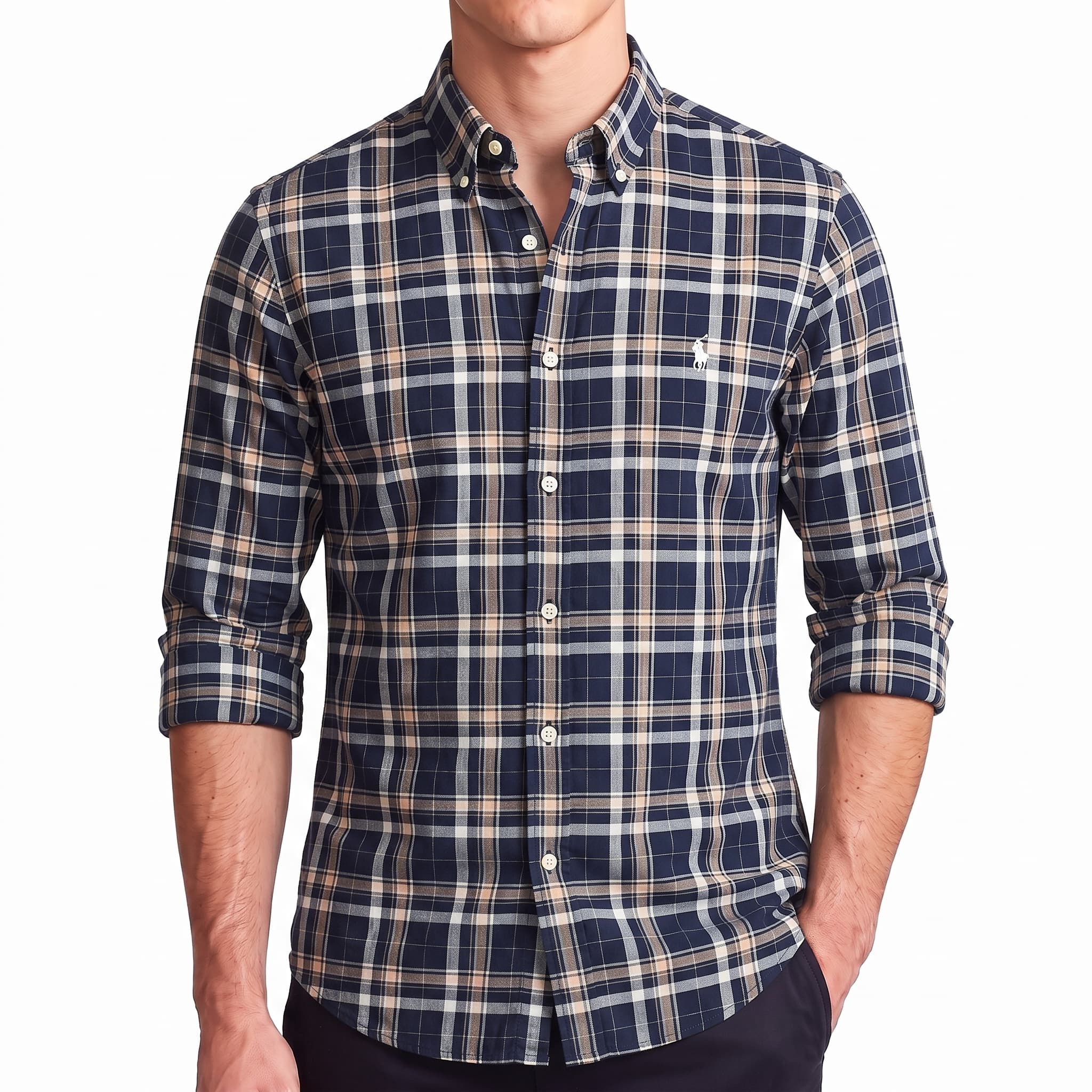 Men's Premium Long Sleeve Plaid Check Cotton Button-Down Casual Shirt (SLIM-FIT)