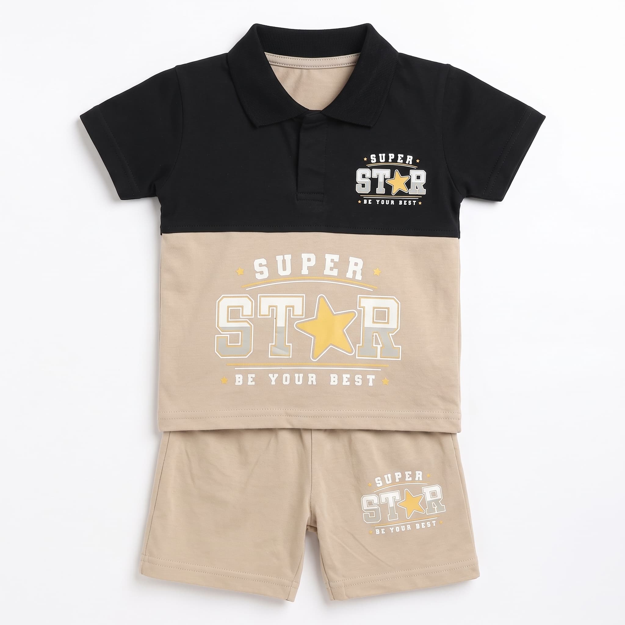 Baby Boy's Beige & Black "SUPER STAR" Polo Vest Set β Short Sleeve Cotton Two-Piece Infant Summer Outfit