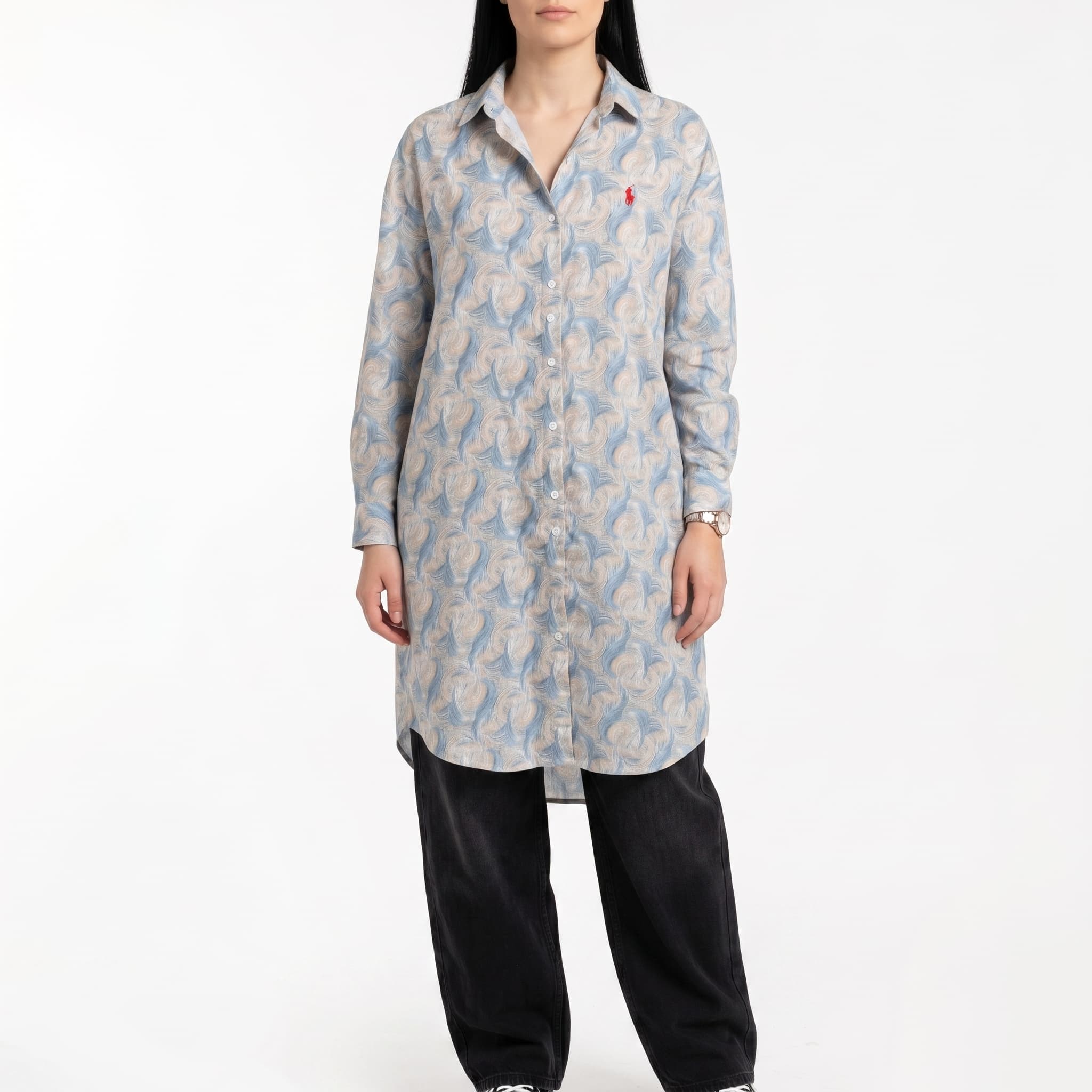 Women's Casual Abstract Swirl Midi Shirt Dress β Long Sleeve Button-Up Tunic Dress with Embroidered Pony Detail