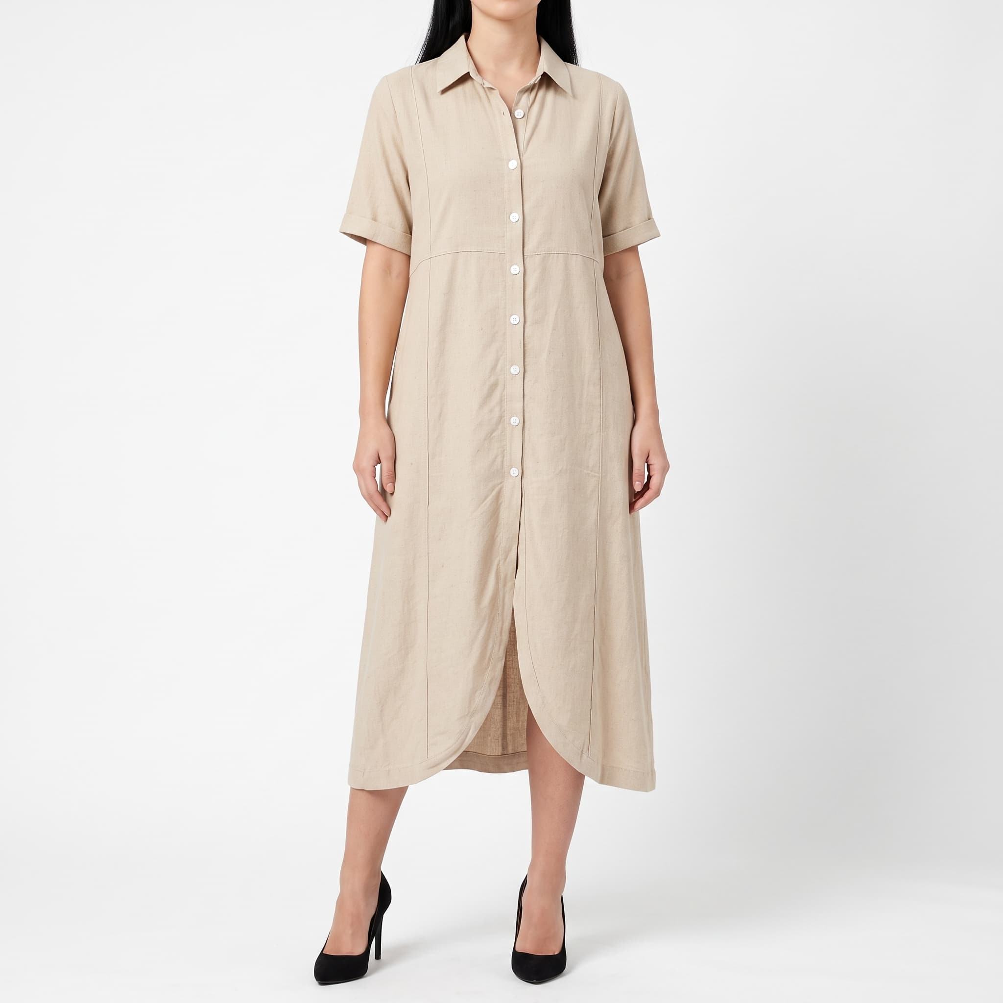 Women's Casual Champagne Beige Utility Dress β Paneled Midi Shirt Dress with Contrasting Tortoiseshell Buttons