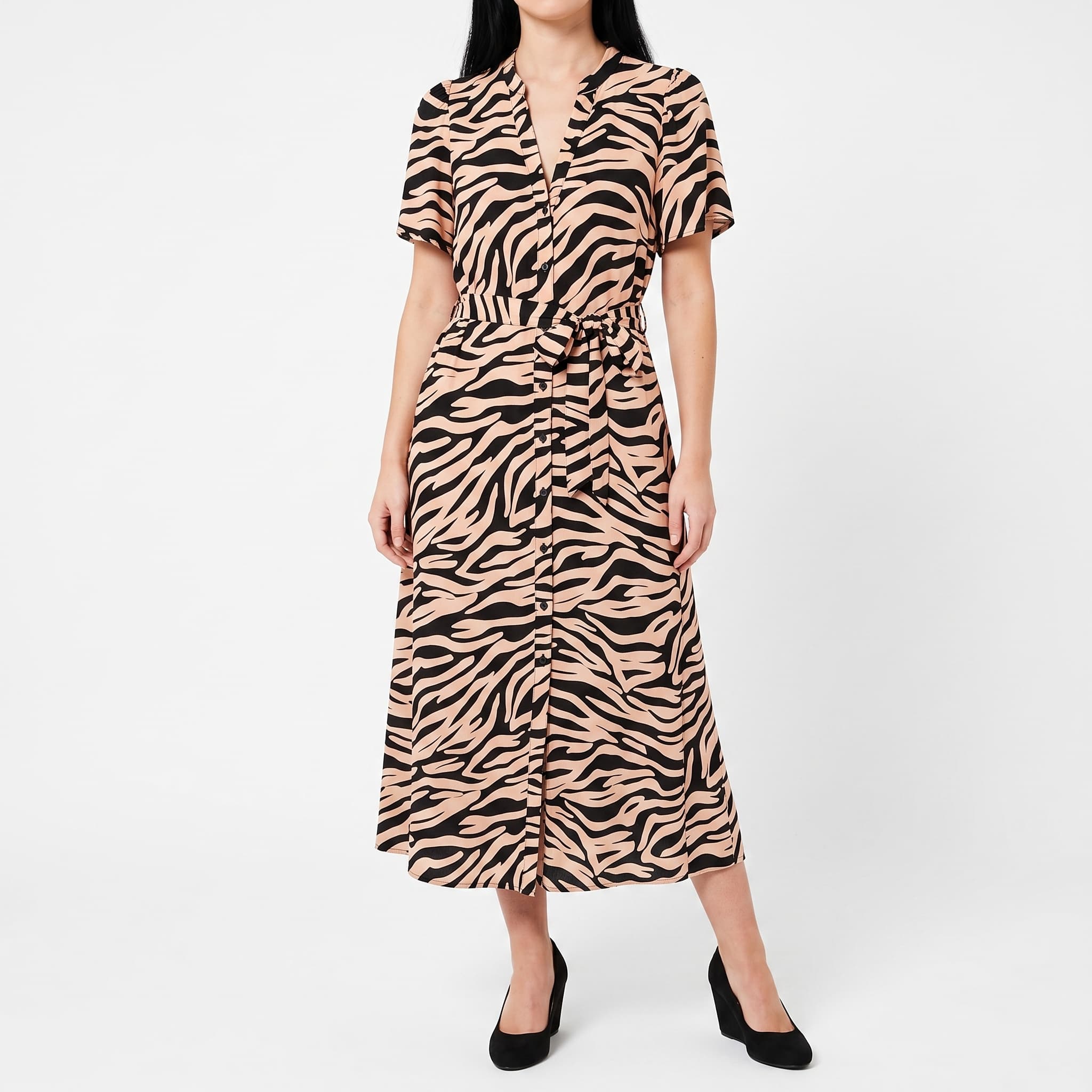 Women's Apricot Brand Zebra Print Midi Shirt Dress β Short Sleeve Button-Down Tie-Waist Dress