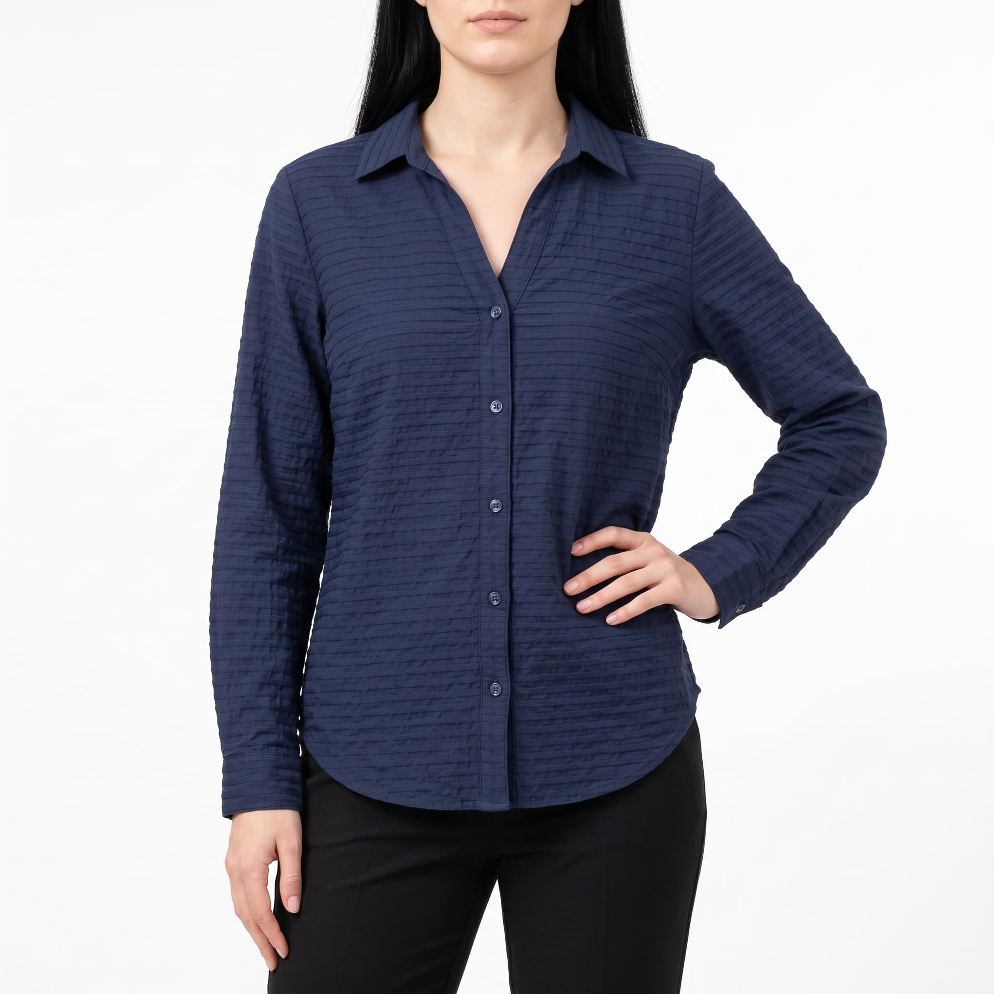 Women's Solid Navy Blue Seersucker Shirt β Long Sleeve Textured Casual Blouse