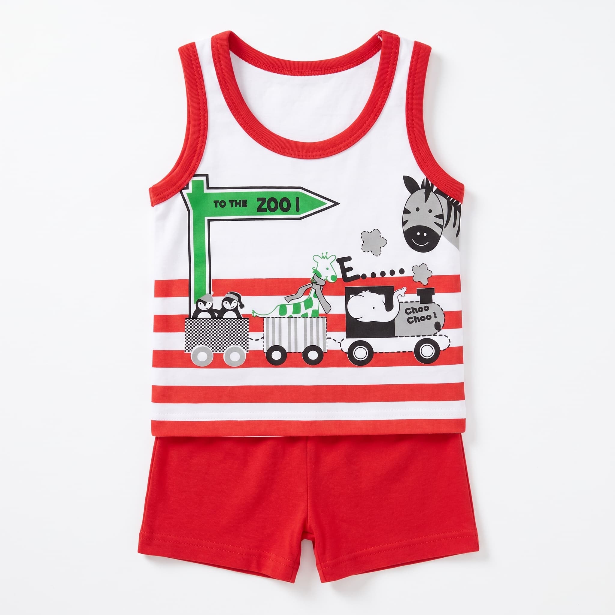 Baby Boy's Red & White "To The Zoo" Train Print Vest Set β Sleeveless Cotton Two-Piece Infant Summer Outfit