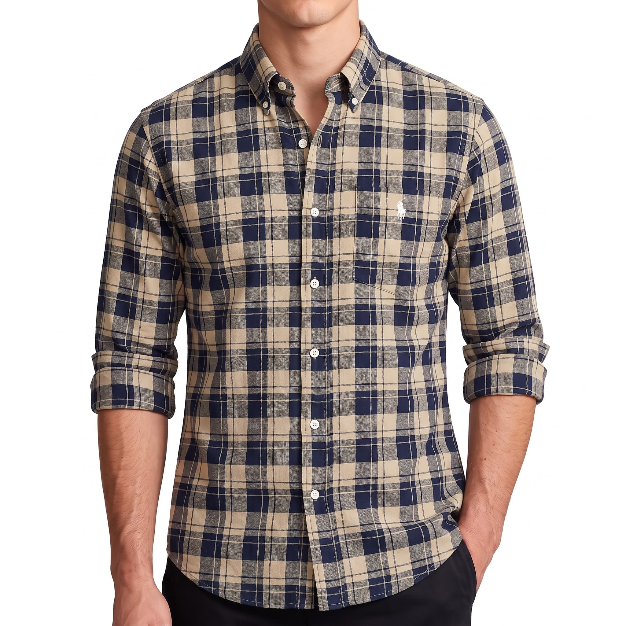 Men's Long Sleeve Plaid Cotton Button Down Shirt (SLIM-FIT)