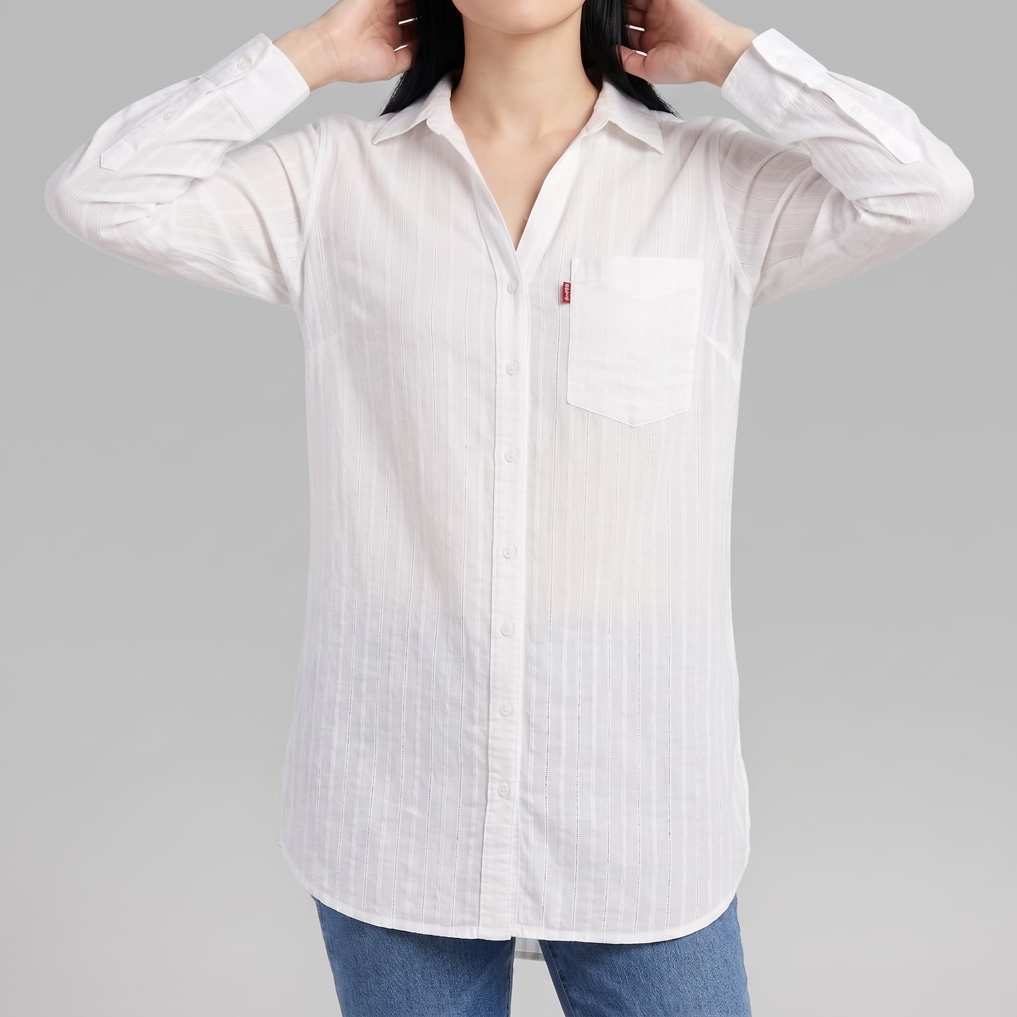 Women's Solid Optic White Utility Tunic β Lightweight Long Sleeve Single Pocket Shirt Dress