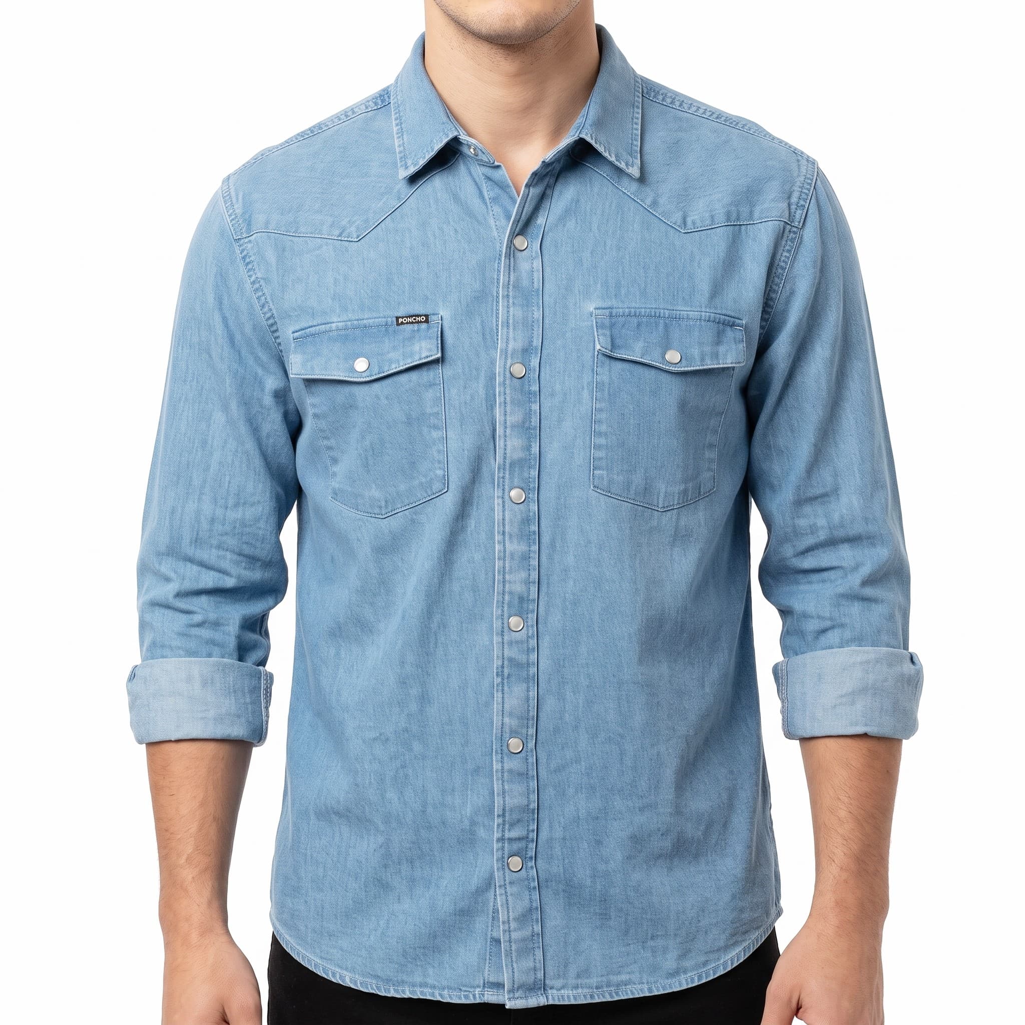 Men's Long Sleeve Denim Western Snap Button Shirt
